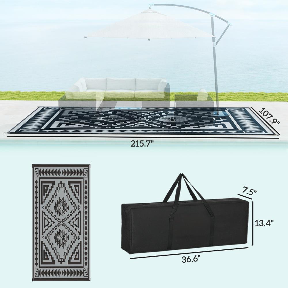 Reversible Outdoor Rug, Waterproof Plastic Straw With Carry Bag, 9 X 18, Black & Gray Square Patchwork - Image 6