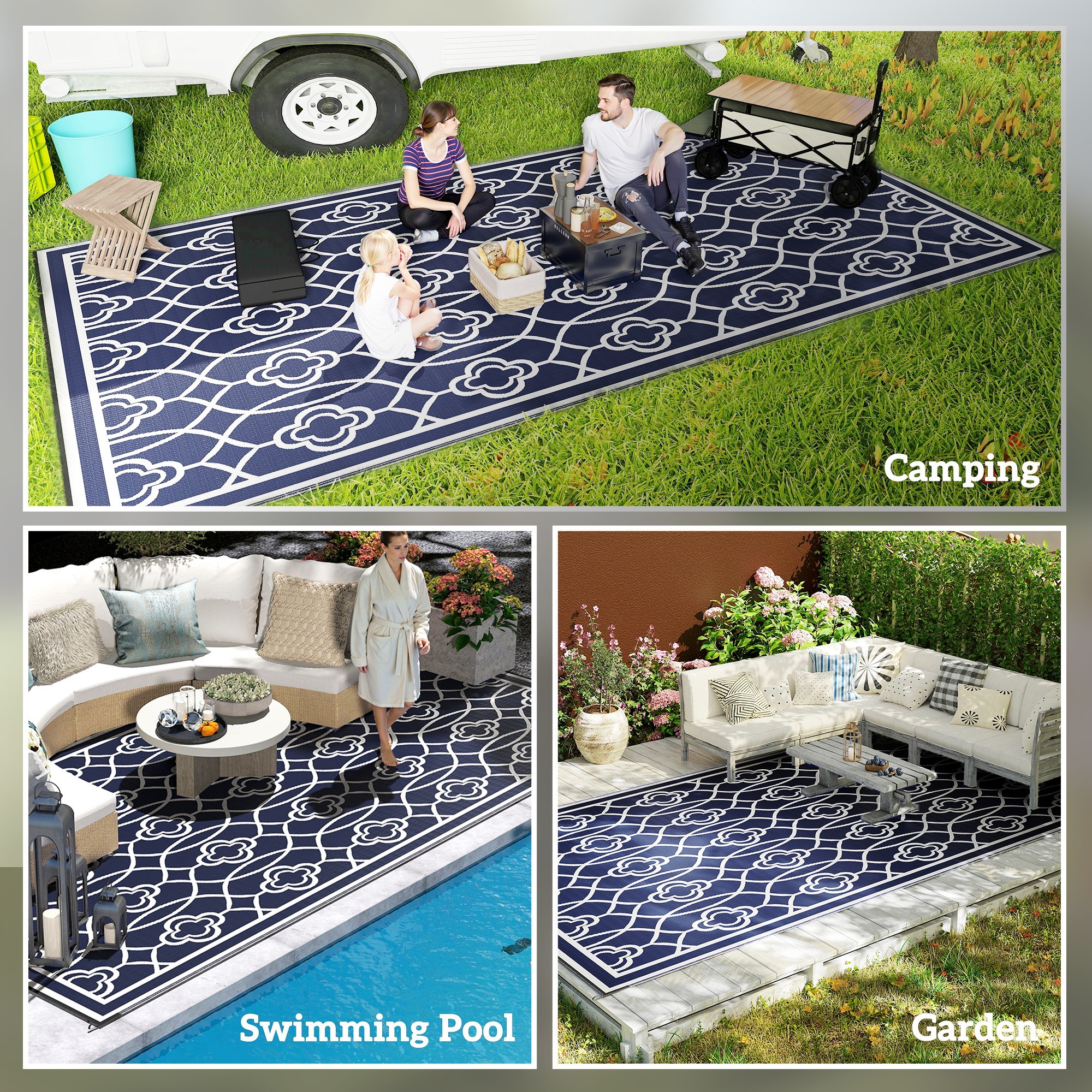Reversible Outdoor Rug, Waterproof Plastic Straw With Carry Bag, 9 X 18, Blue & White Lantern - Image 5
