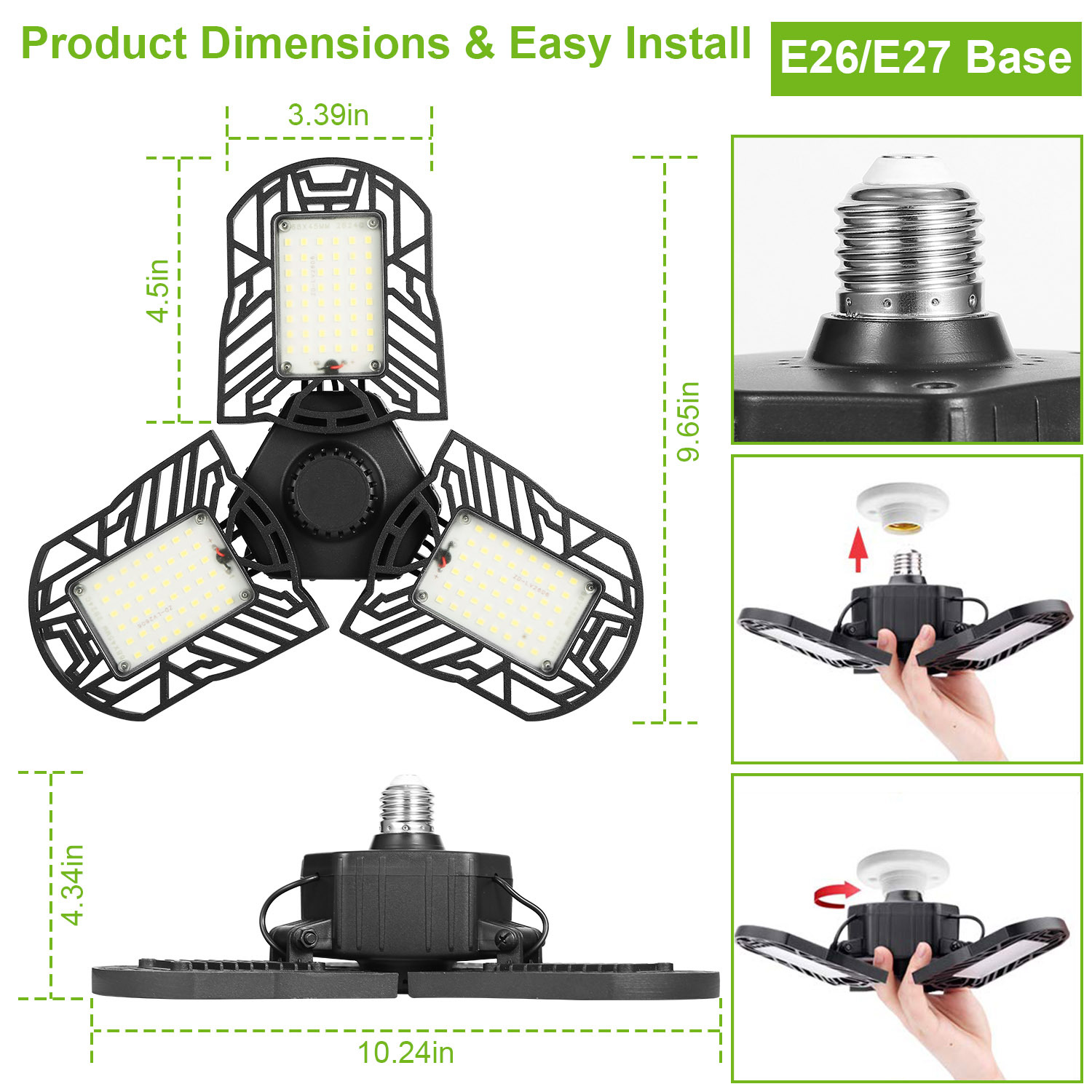 LED Garage Light E26 E27 80W 7000LM 6500K Garage Ceiling Light Deformable Workshop Lamp Die Cast Aluminum LED Ceiling Light Bulbs With 3 Adjustable Panels For Barn Shop Warehouse Workshop C - Image 6