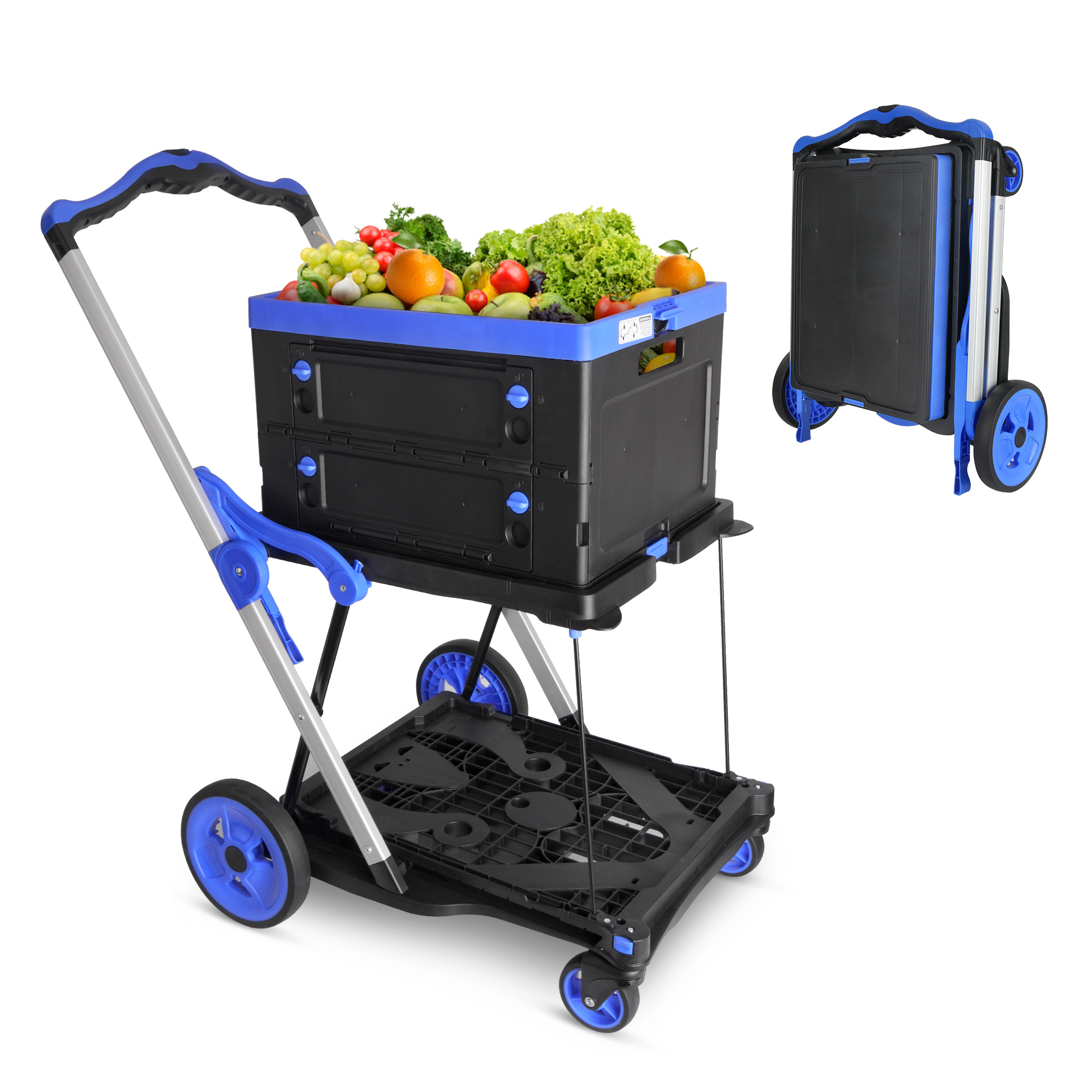 Multi-Use 2-Tier Collapsible Cart With Storage Crate - Foldable Shopping Trolley For Grocery, Warehouse & Supermarket