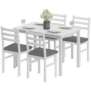 5-Piece Small Kitchen Table Set For 4, Farmhouse Dining Table Set With Upholstered Chairs And Rubber Wood Legs, White