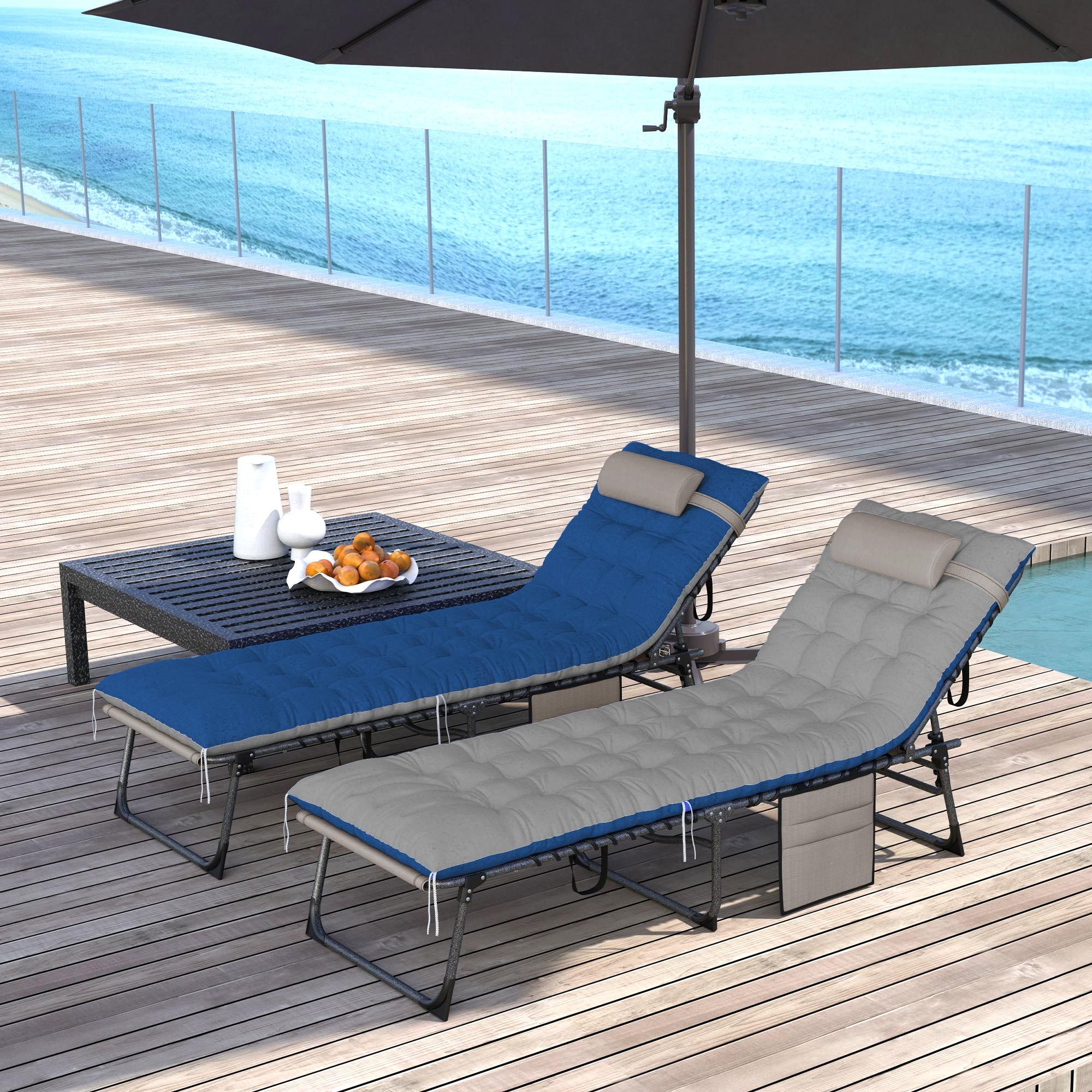 Outdoor Chaise Lounge Chair Set Of 2, 5-Level Adjustable Folding Pool Lounge Chairs With Cushions, Brown Blue - Image 2