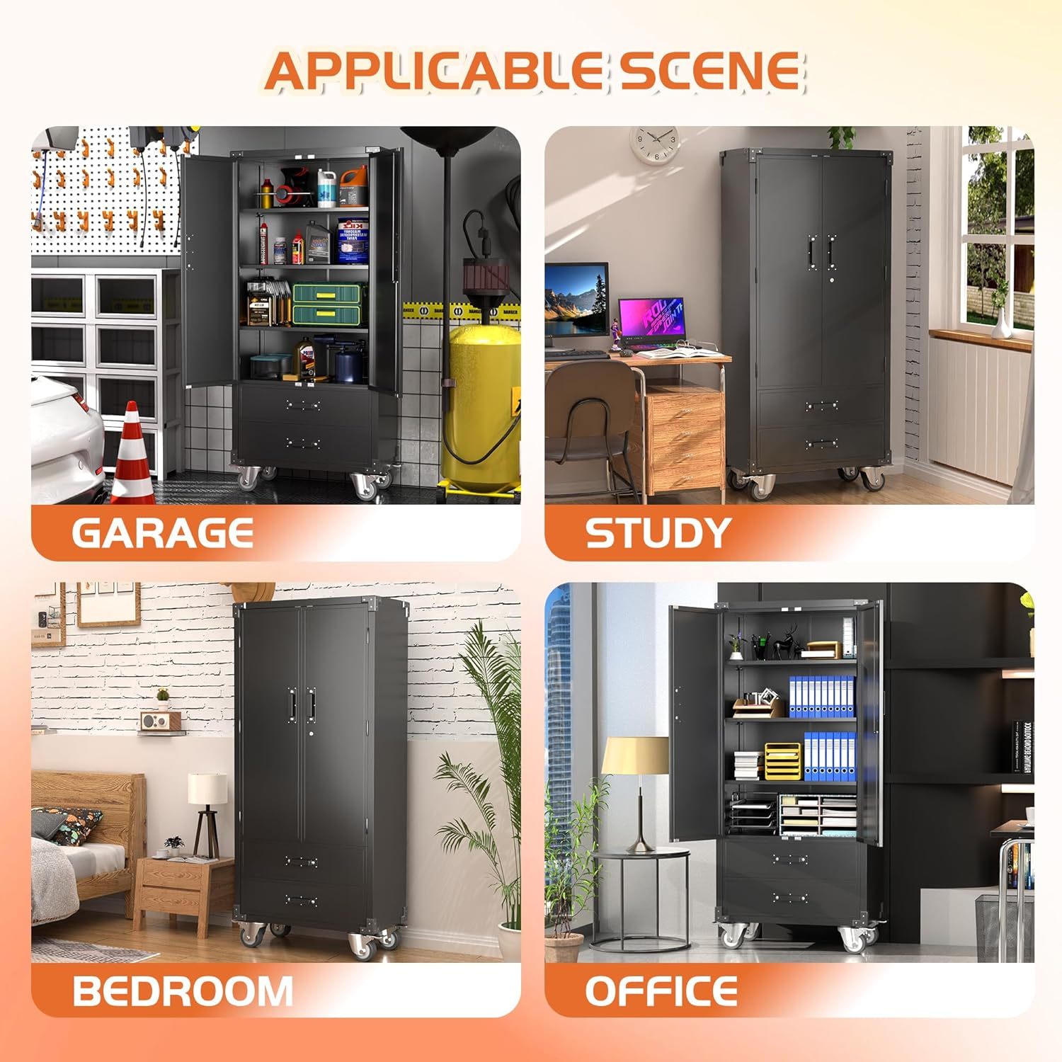 Rolling Storage Cabinet With 2 Doors And 2 Drawers, Metal Storage Cabinet With Doors And Shelves, Locking Steel Cabinet For Warehouse, Home, Office Black - Image 2