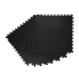 Garage Floor Tiles Interlocking, 8 Pack 20.2 X 20.2 X 0.2 In Interlocking Modular Garage Flooring Tiles, Diamond Plate Slip-Resistant PVC Mats For Workshop,Warehouse,Tool Room, Black