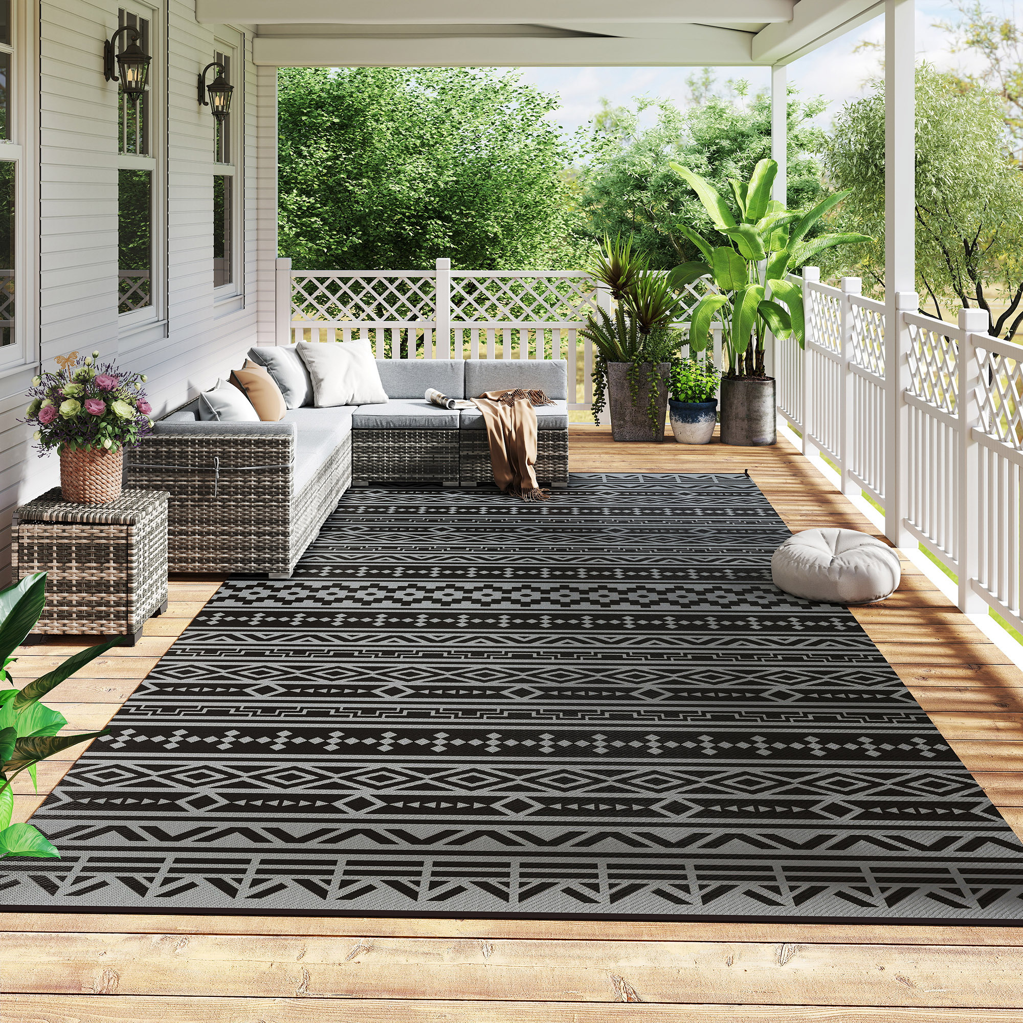 Reversible Outdoor Rug, Waterproof Plastic Straw With Carry Bag, 9 X 18, Black & Gray Geometric Wall - Image 6