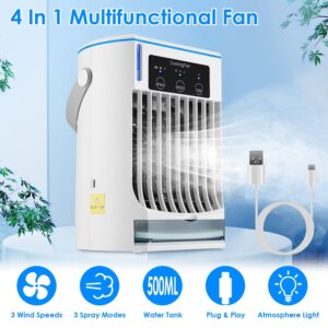 Portable Air Conditioner Fan Evaporative Humidifier 3 Speed Spray Personal Cold Mist Air Cooler Desk Table Fan Water Tank Night Light Adjustable Angel Room Home Office