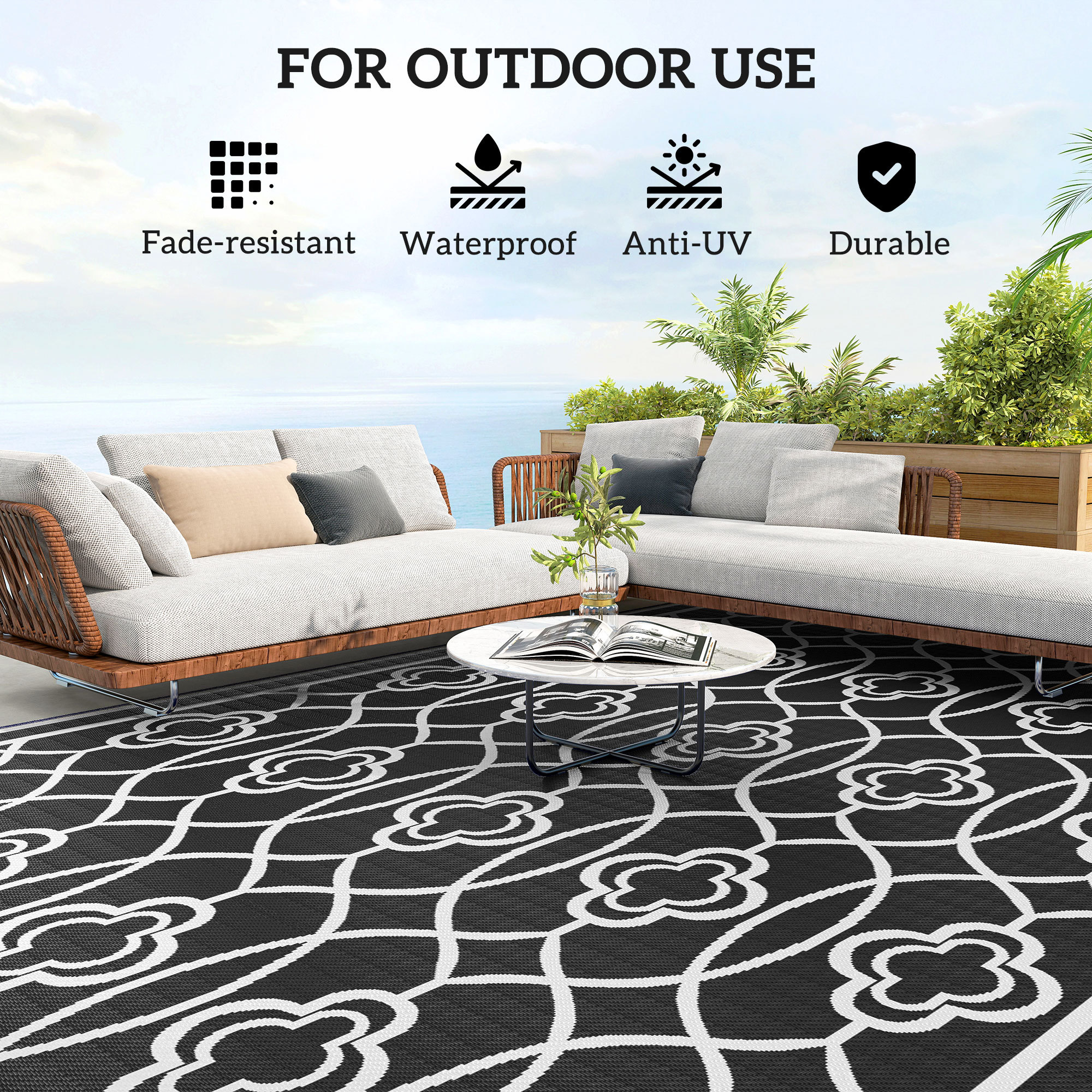 Reversible Outdoor Rug, Waterproof Plastic Straw With Carry Bag, 9 X 18, Black & White Lantern - Image 2