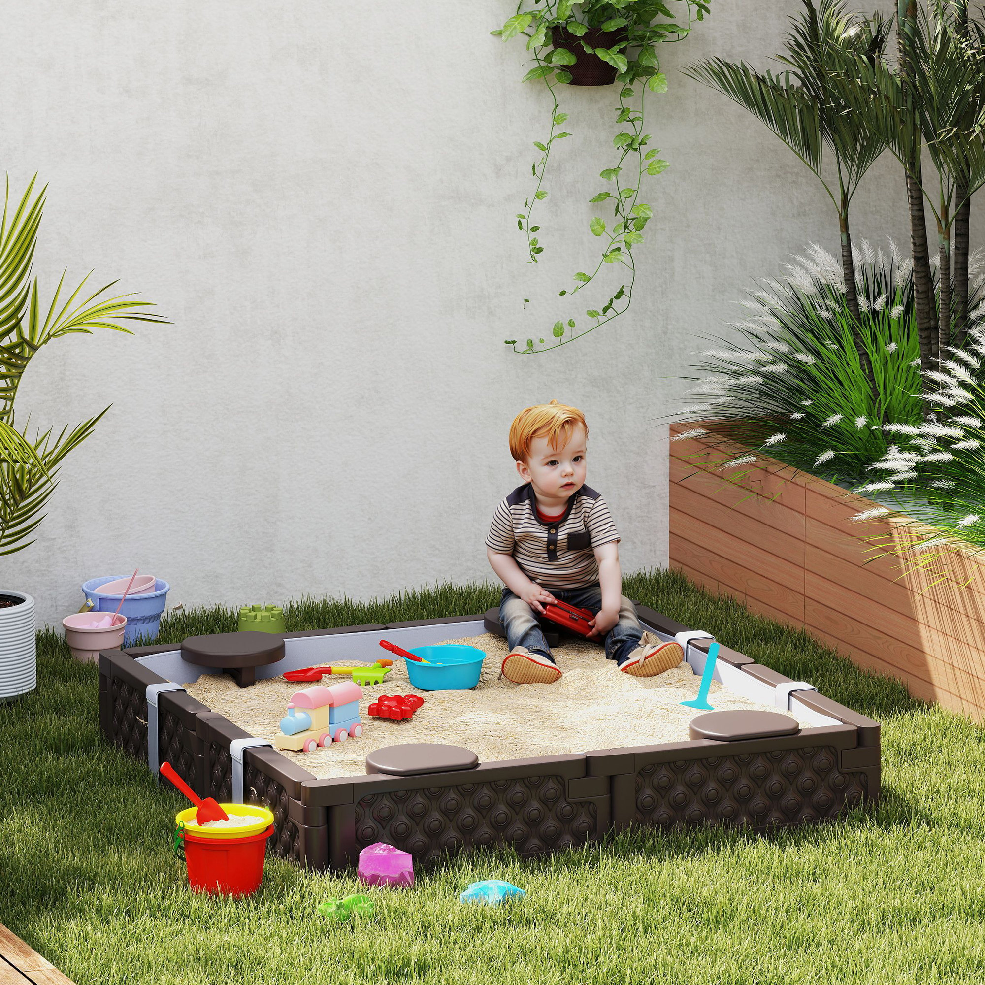 Kids Sandbox With Cover, 4 Corner Seats, Bottom Liner For Backyard, Garden, Outdoor, 47 X 47 X 9, Dark Brown - Image 3