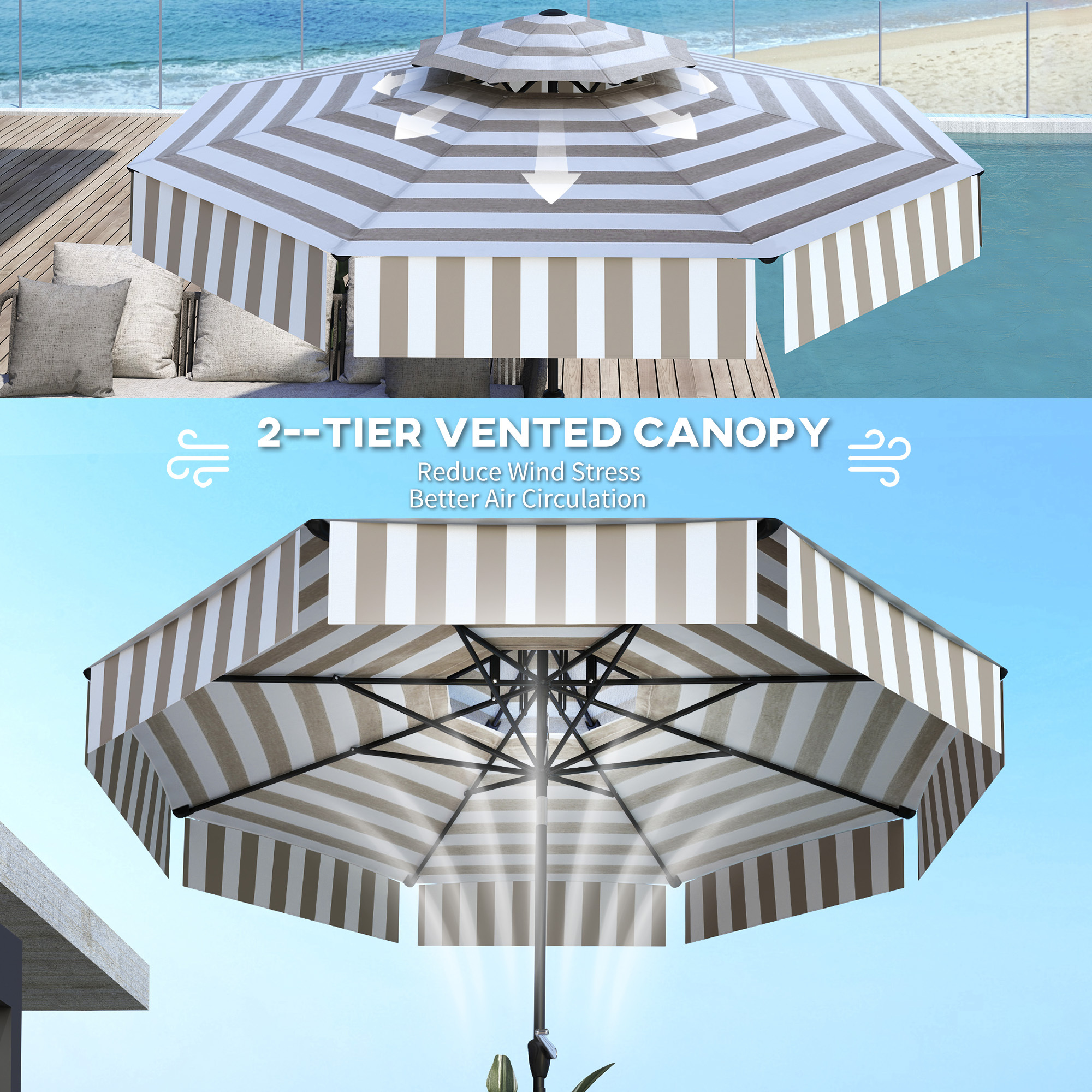 8.6FT Patio Umbrella, Outdoor Market Umbrella, 2-Tier Vented Patio Table Umbrella With Crank 8 Ribs, Tiltable Porch Umbrella For Garden Deck Poolside, Light Gray - Image 4