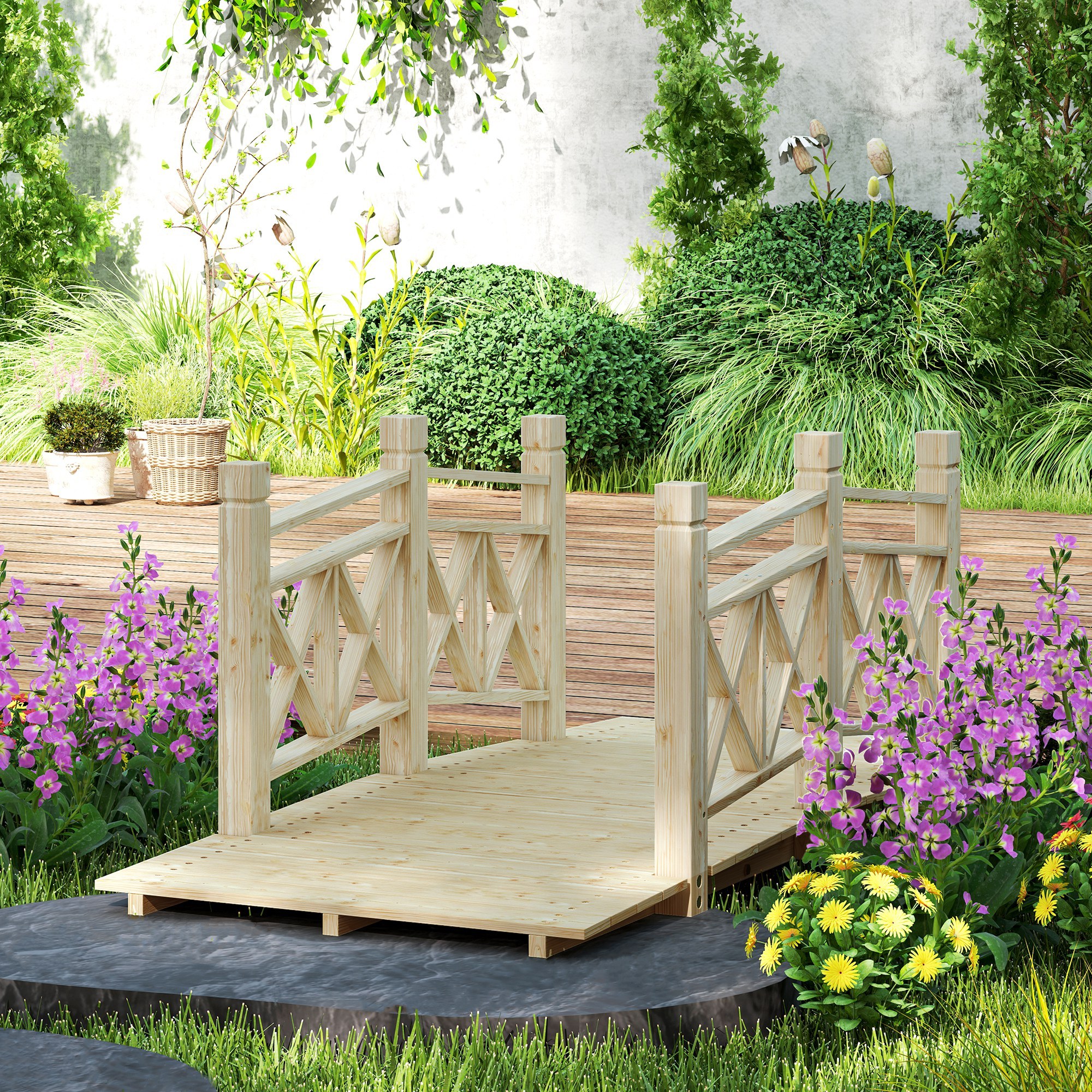 5 Ft. Wooden Garden Bridge Footbridge For Ponds, Creeks, Streams, Nature Wood - Image 6
