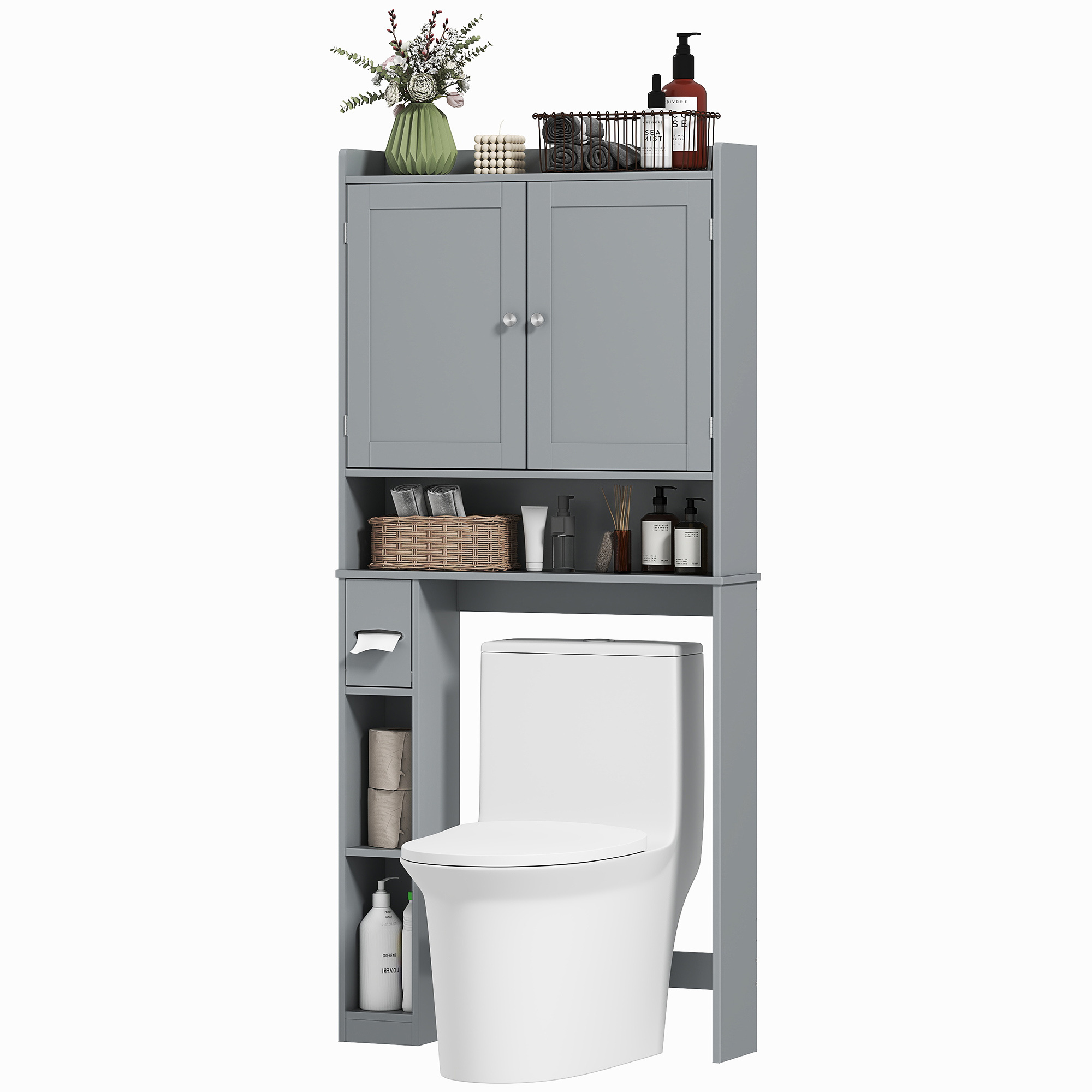 Modern Over The Toilet Storage Cabinet With 2 Doors, Above Commode Storage Cabinet With Toilet Paper Holder, Gray - Image 3