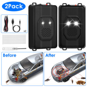 2 Pack Under Hood Ultrasonic Rodent Repeller Rodent Control Deterrent Chaser Blocker For Vehicle Indoor With Strobe Light 3 Power Supplies