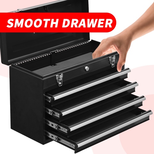 Metal Tool Box With 4 Drawers Portable Steel Tool Chest With Metal Cylinder Lock And Latch Closure, Liner, Powder Coating, Suitable For Garage, Warehouse And Outdoor Repair Job-Black - Image 8