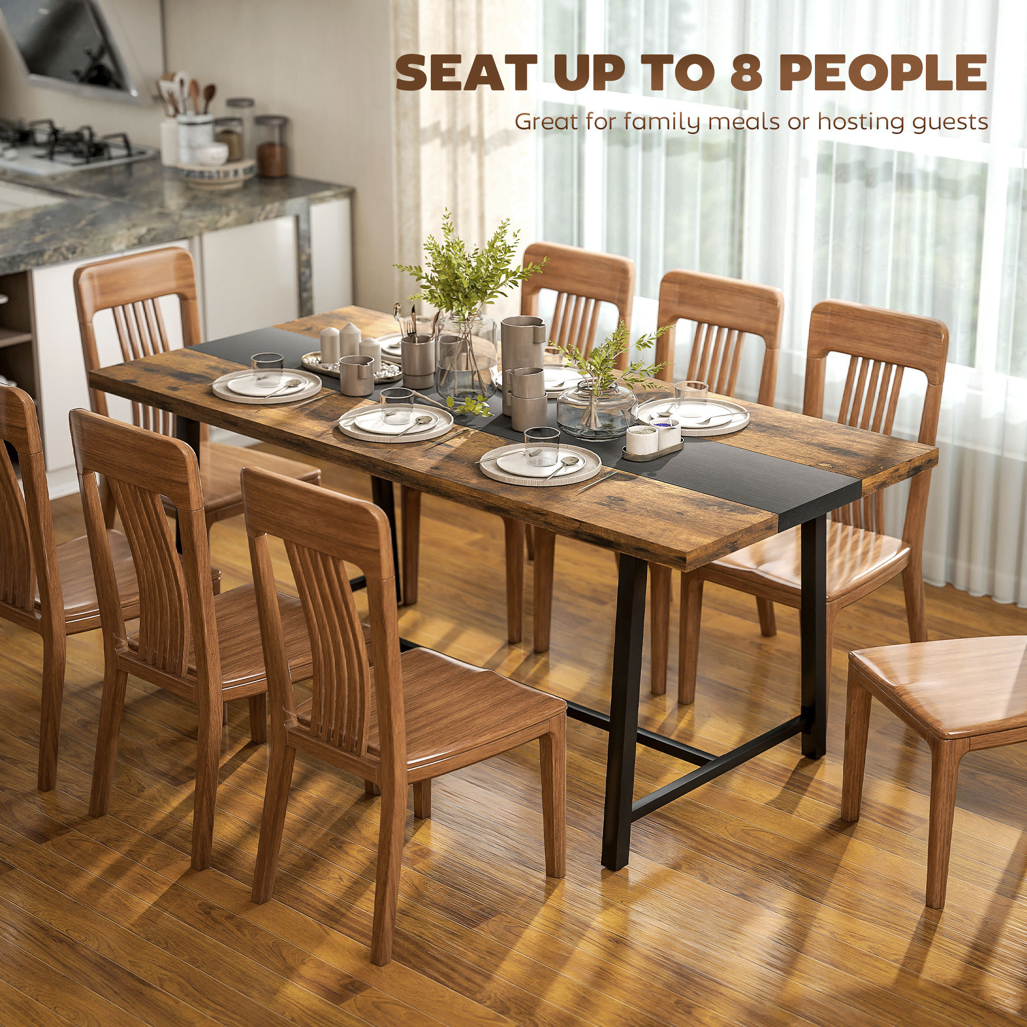 Industrial Kitchen Table For 8 People, 70.9 Long Dining Table With Large Tabletop And Steel Legs For Dining Room, Brown - Image 5