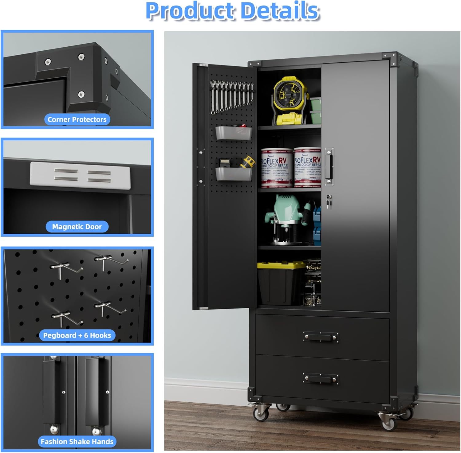 Rolling Storage Cabinet With 2 Doors And 2 Drawers, Metal Storage Cabinet With Doors And Shelves, Locking Steel Cabinet For Warehouse, Home, Office Black - Image 9