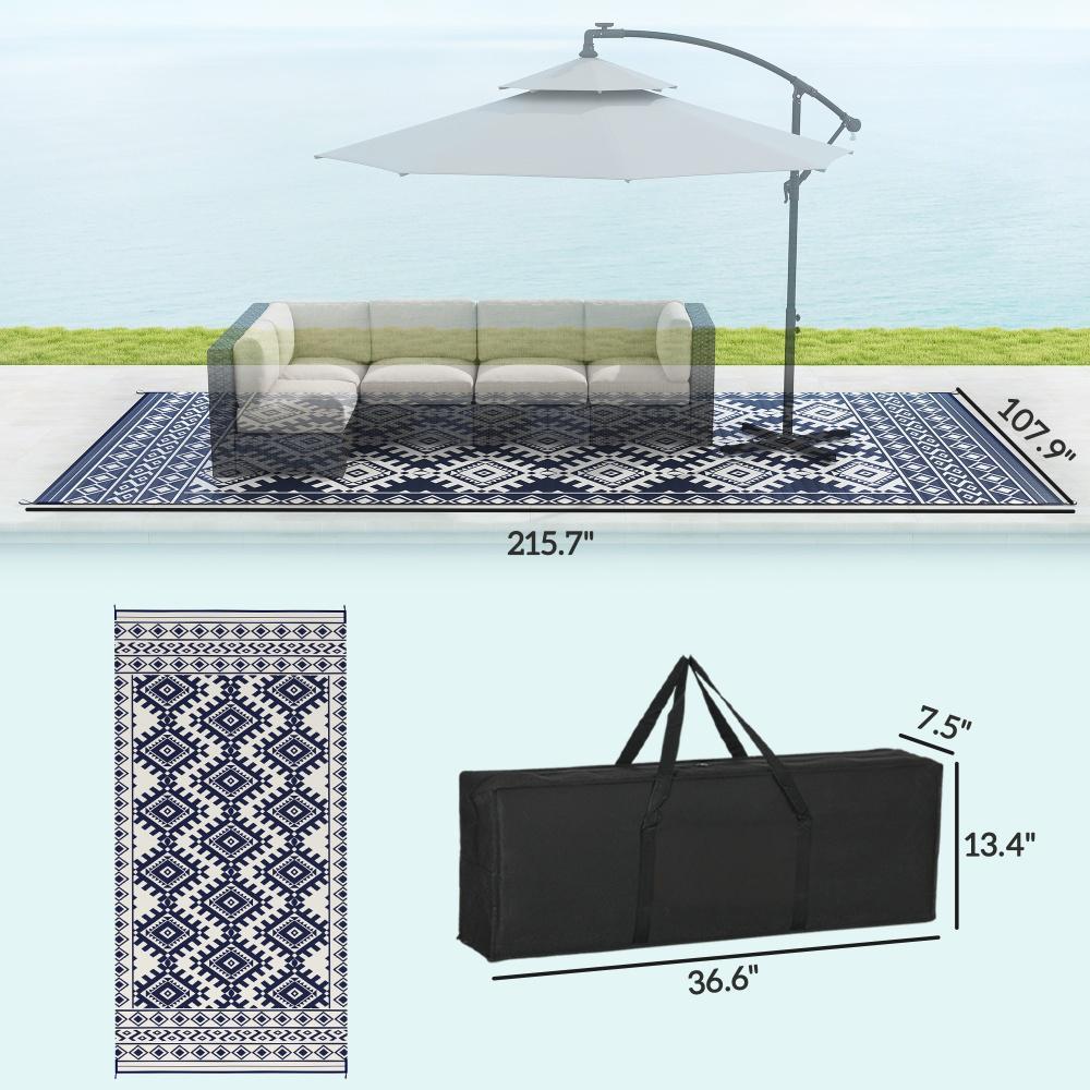 Reversible Outdoor Rug, Waterproof Plastic Straw With Carry Bag, 9 X 18, Blue & White Rhombus Border - Image 5