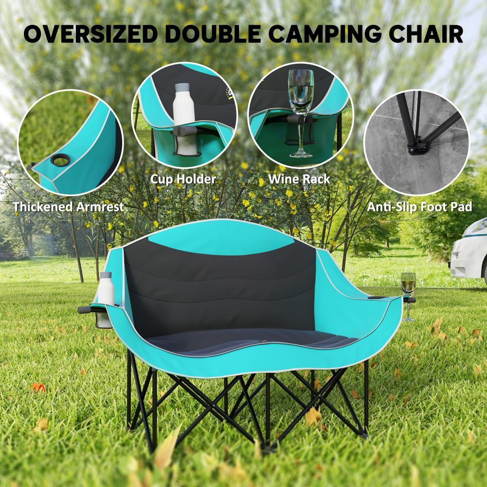 Padded Folding Camp Chair For Adults, Double Camping Chair With Armrests, Cup Holders, Carry Bag For Outdoor, Green - Image 3