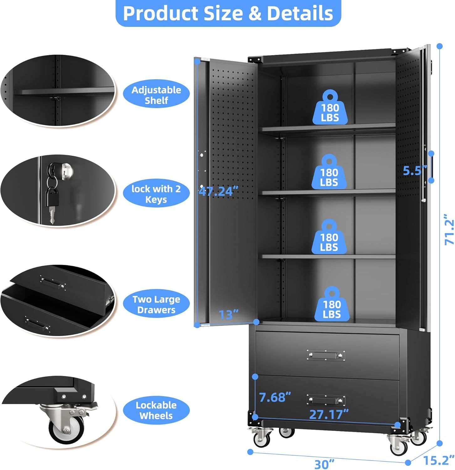 Rolling Storage Cabinet With 2 Doors And 2 Drawers, Metal Storage Cabinet With Doors And Shelves, Locking Steel Cabinet For Warehouse, Home, Office Black - Image 6