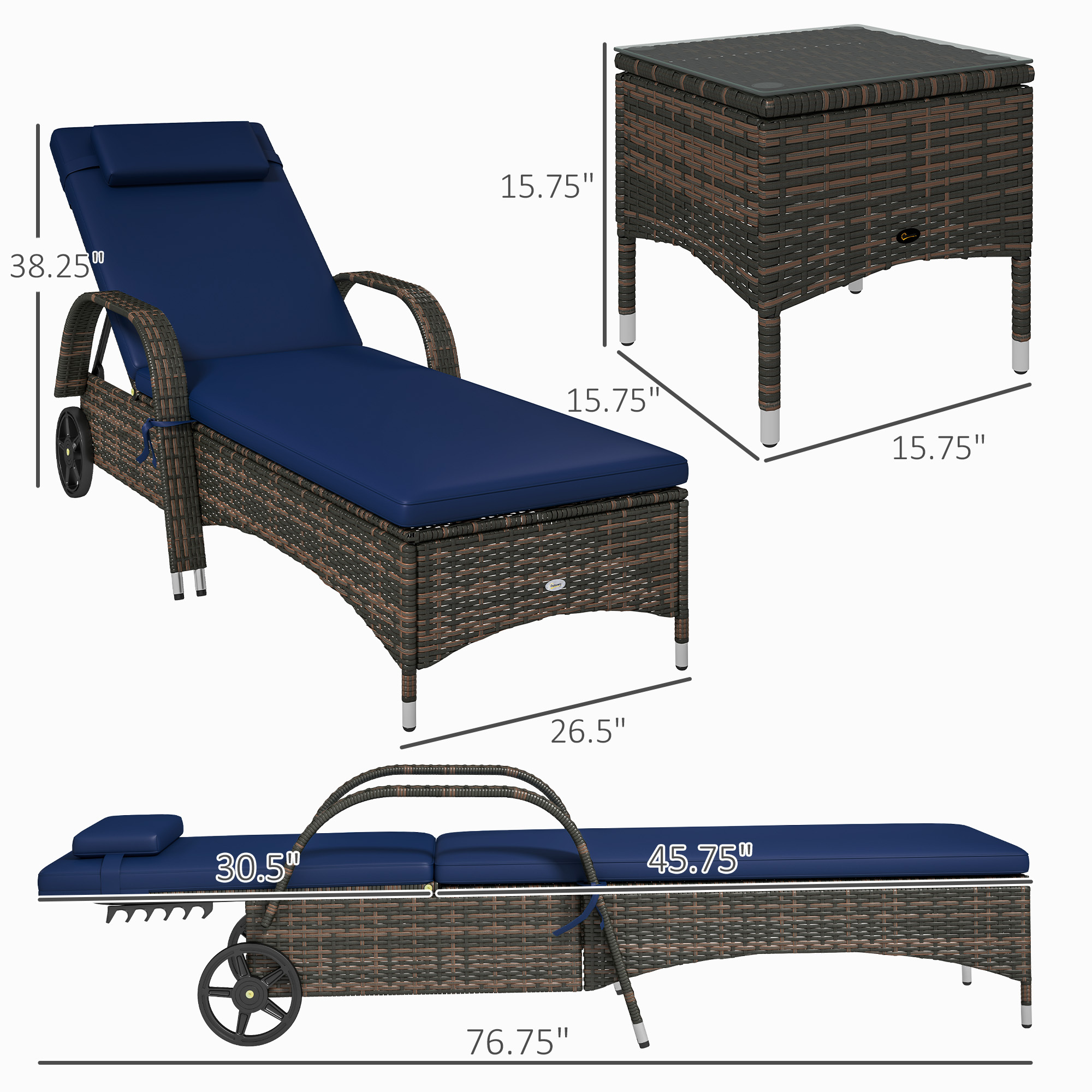 Patio Wicker Chaise Lounge Chair Set Of 2 With Table, Adjustable Backrest, Wheels, Cushion & Headrest, Dark Blue - Image 5