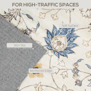 Machine Washable Area Rug 5x7, Non-Slip Boho Floral Print Floor Carpet For Living Room, Bedroom, Dining Room, Blue