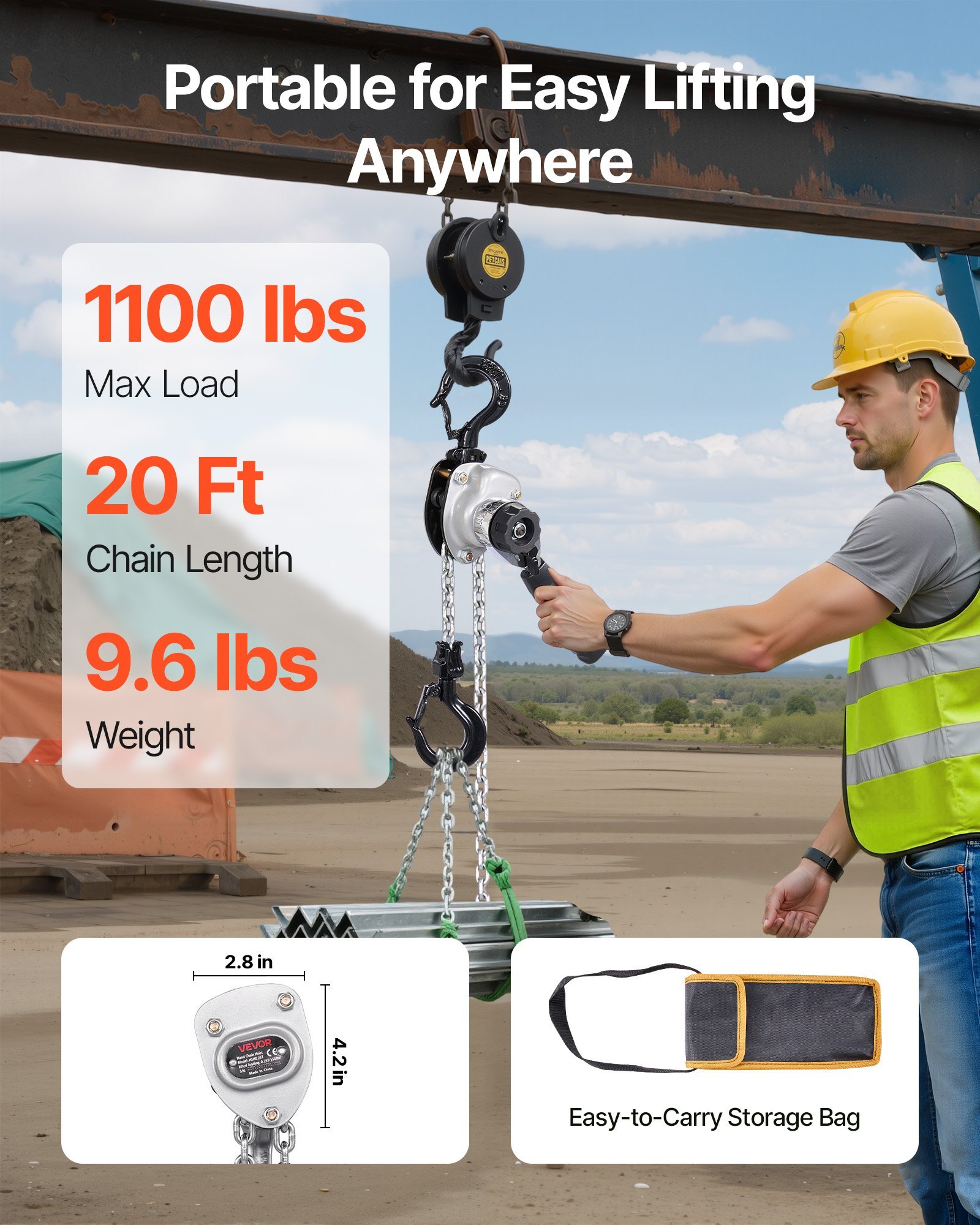 Manual Lever Chain Hoist, 1/2T 1100LBS Capacity Heavy Duty Come Along, 20FT Lift G80 Alloy Steel Chain With Dual Pawl Mechanical Brake,360°Rotating Hooks, For Warehouse Construction Garage - Image 4
