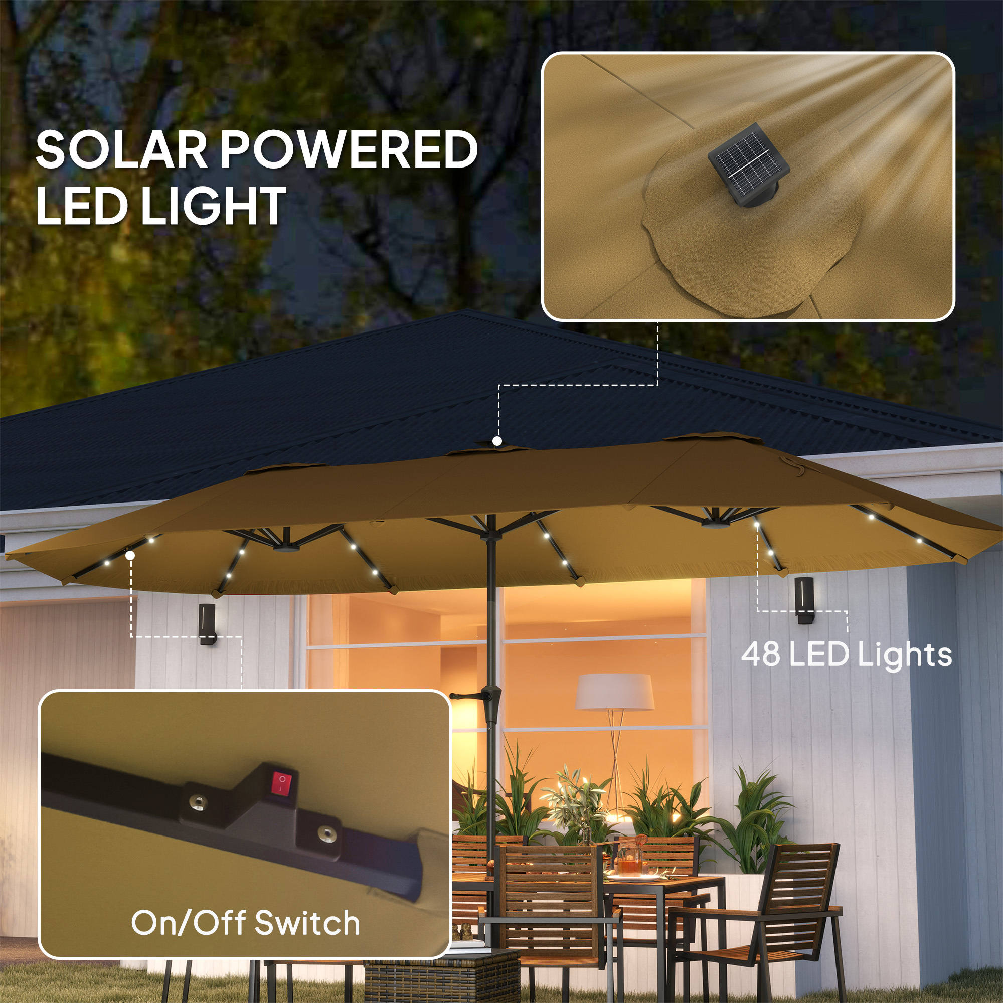 Double-Sided Market Umbrella, Large Patio Umbrella With Solar Lights, Crank Handle For Garden, Pool, Yard, Khaki - Image 4