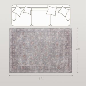 Machine Washable Area Rug 4x6, Non-Slip Traditional Flower Print Floor Carpet For Living Room, Bedroom, Grey And Brown