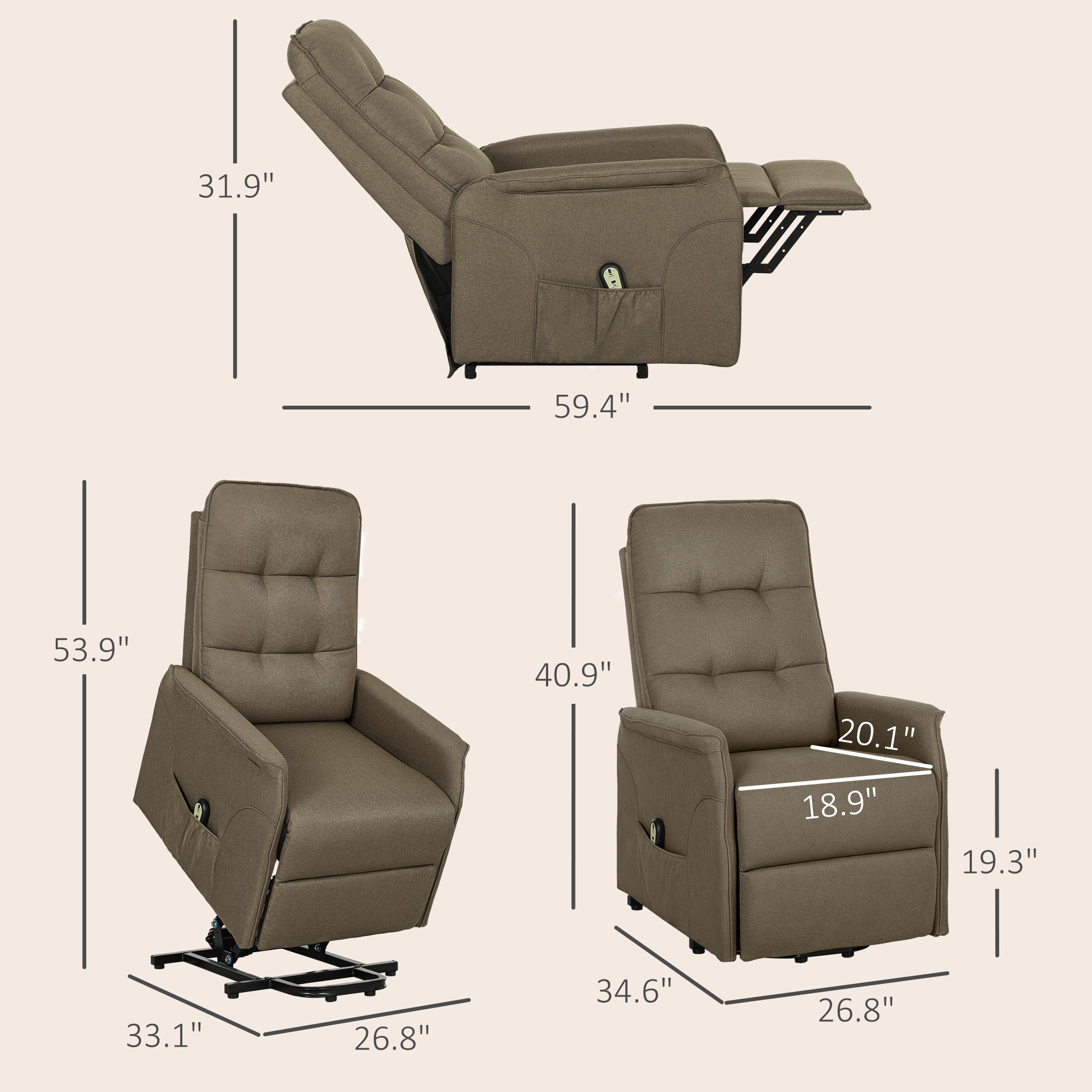 Power Lift Chair For Elderly, Fabric Recliner Sofa With Remote Control, Side Pockets, Quick Assembly, Brown - Image 2