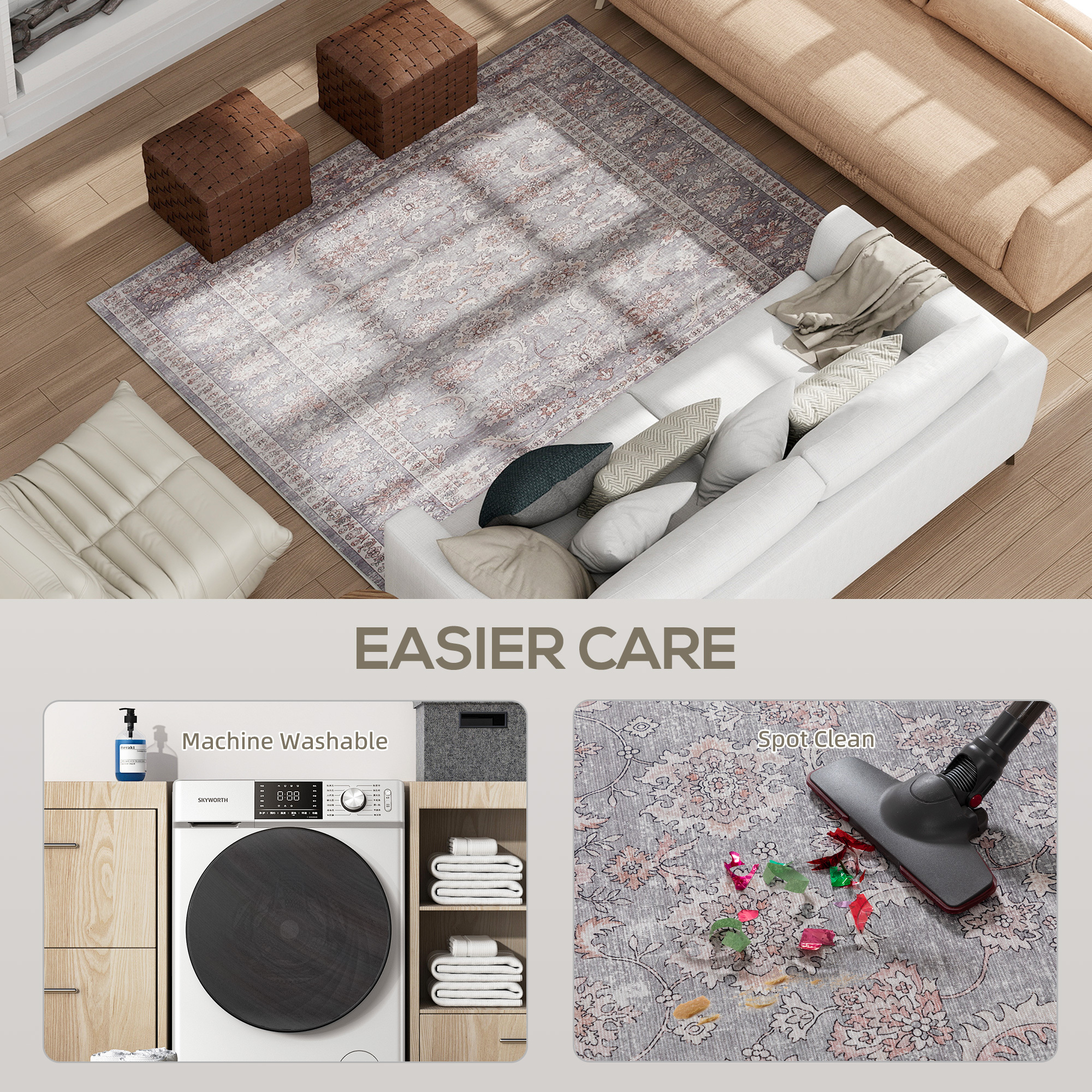 Machine Washable Area Rug 4x6, Non-Slip Traditional Flower Print Floor Carpet For Living Room, Bedroom, Grey And Brown - Image 2