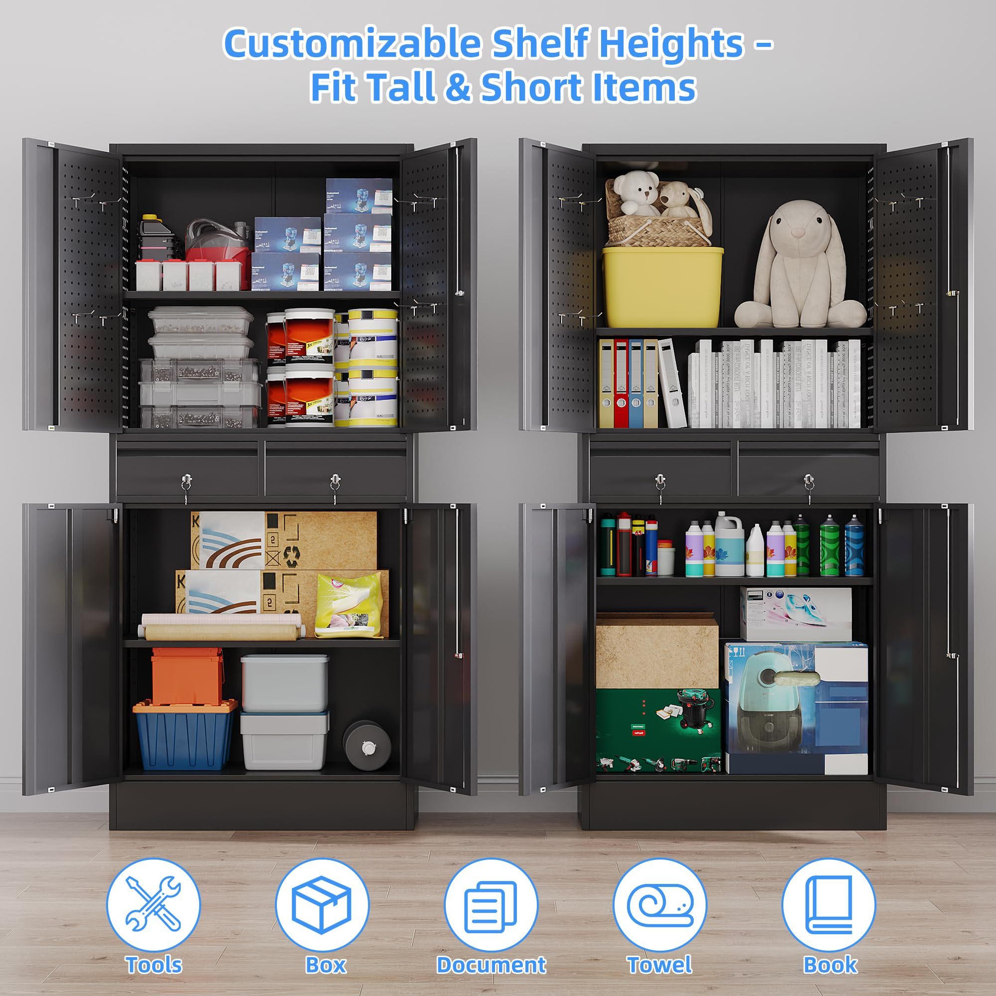 Metal Garage Storage Cabinet With 2 Drawers And 2 Adjustable Shelves, Rolling Tool Storage Cabinet With Wheels And Locking Doors For Garage, Warehouse, Black - Image 7