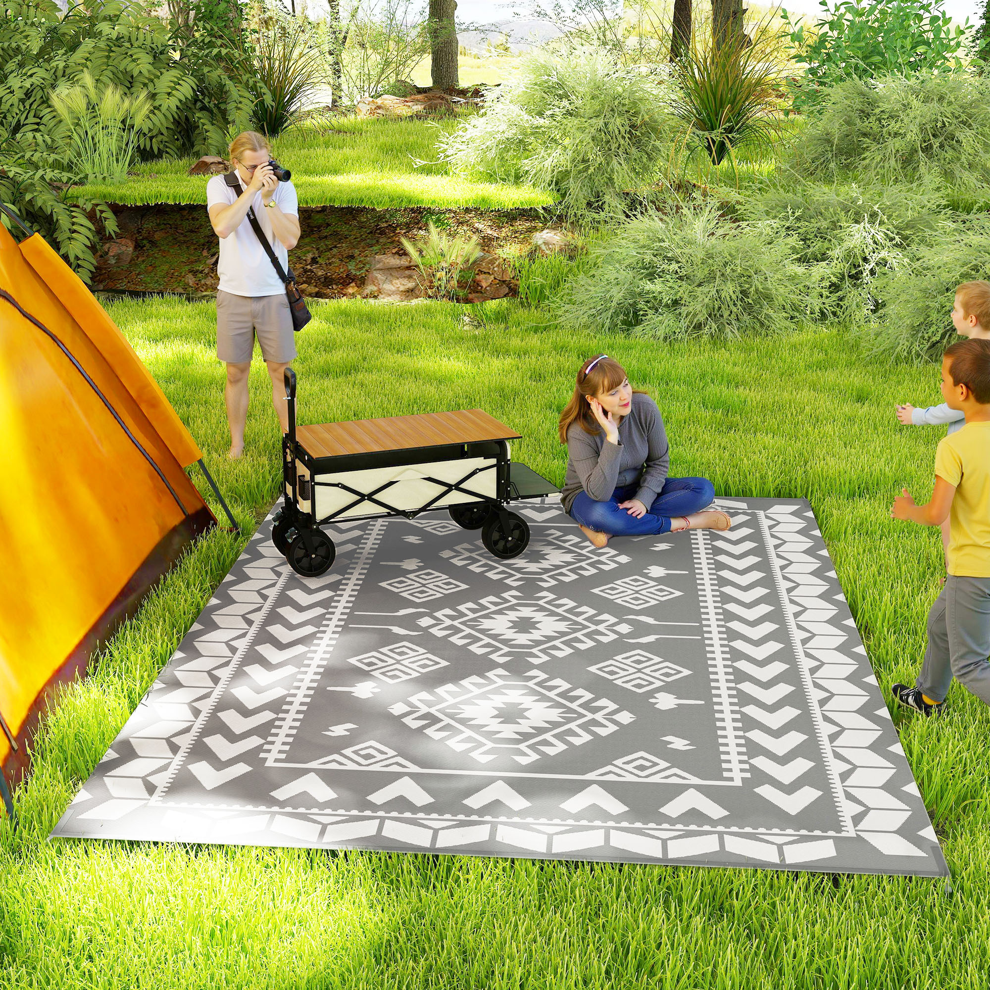 Reversible Outdoor Rug, Waterproof Plastic Straw With Carry Bag, 9 X 12, Gray & White Rhombus Patchwork