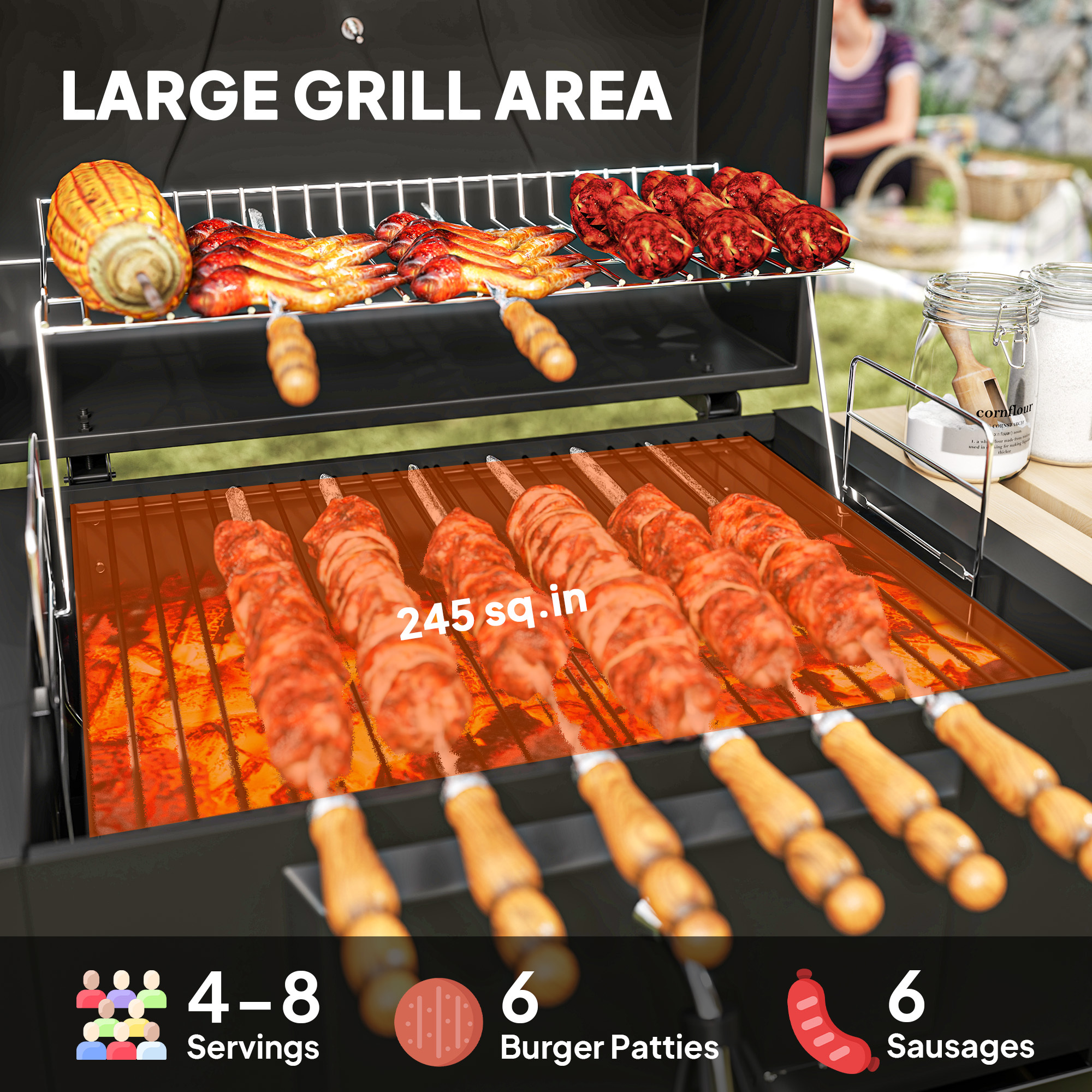 Charcoal BBQ Grill With 245 Sq. In. Cooking Area, Adjustable Charcoal Pan, 3 Shelves, Thermometer, Black - Image 4