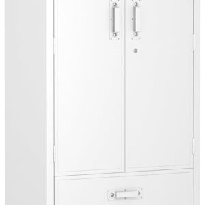 Rolling Storage Cabinet With 2 Doors And 2 Drawers, Metal Storage Cabinet With Doors And Shelves, Locking Steel Cabinet For Warehouse, Home, Office White