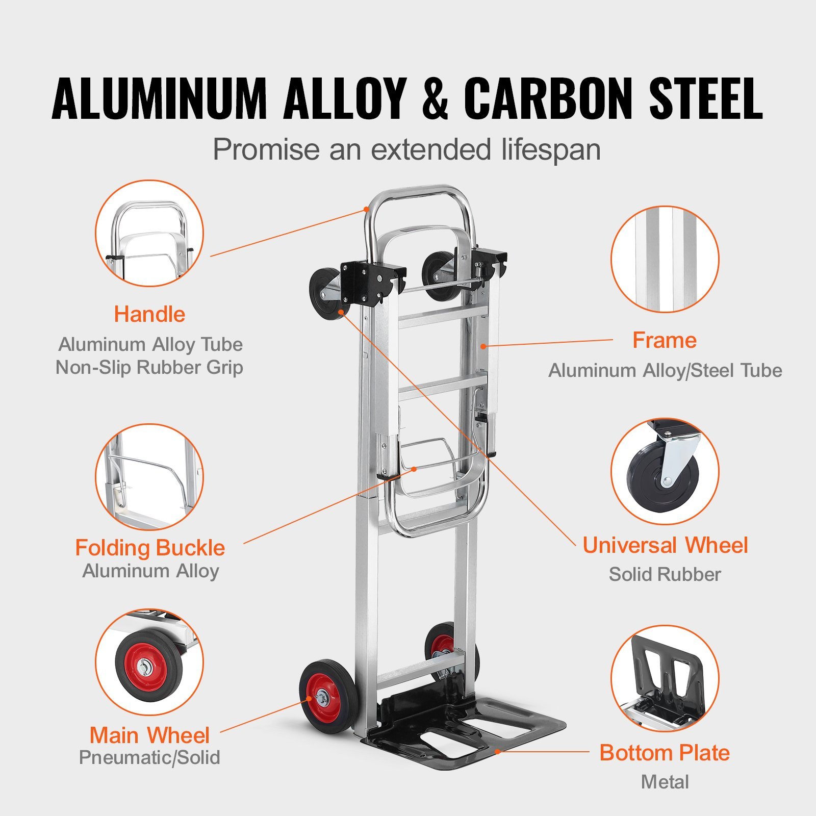 Aluminum Folding Hand Truck, 2 In 1 Design 400 Lbs Capacity, Heavy Duty Industrial Collapsible Cart, Dolly Cart With Rubber Wheels For Transport And Moving In Warehouse, Supermarket, Garden - Image 4