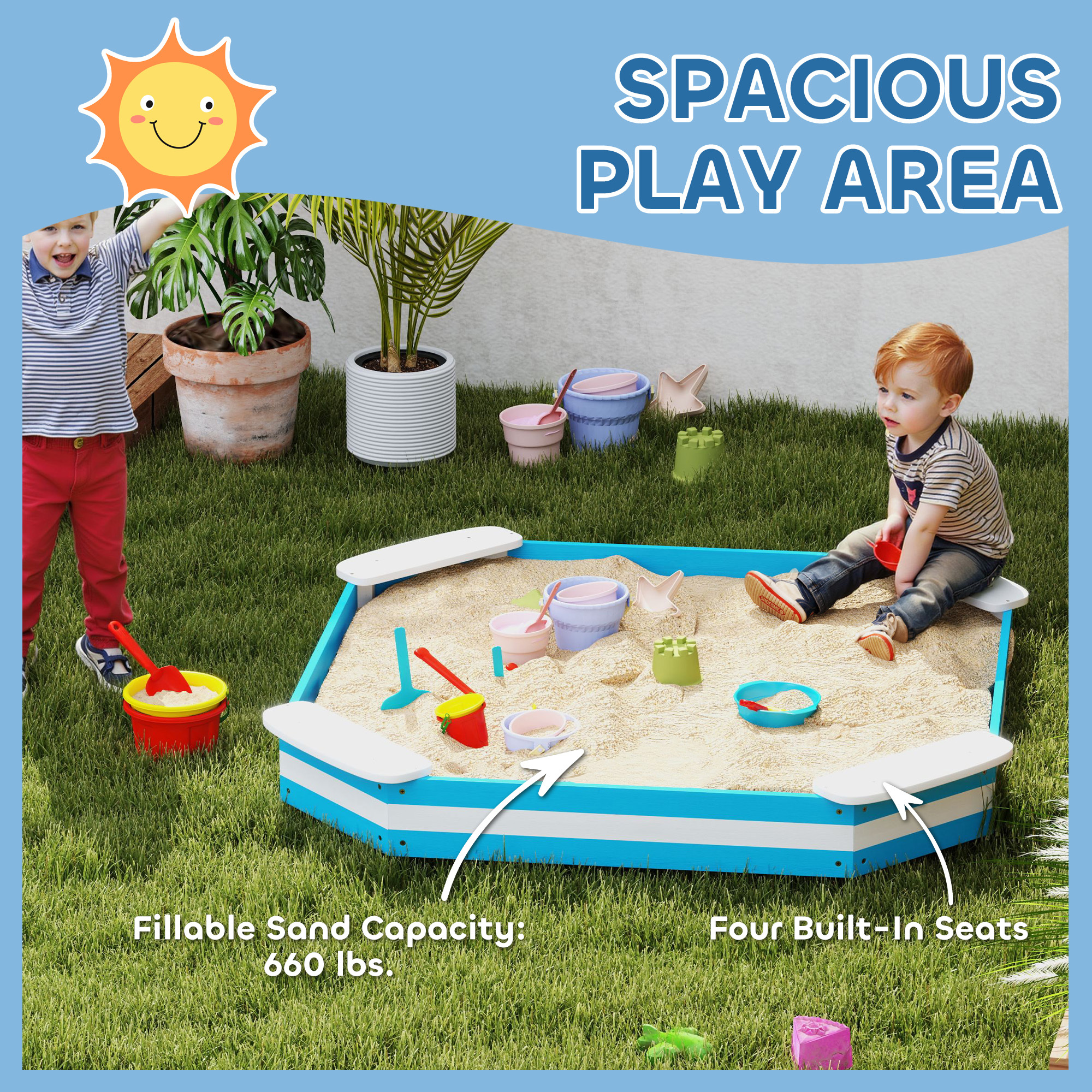 Kids Sandbox With 4 Corner Seats, Bottom Liner For Backyard, Garden, Outdoor, 52 X 52 X 6, Blue - Image 2