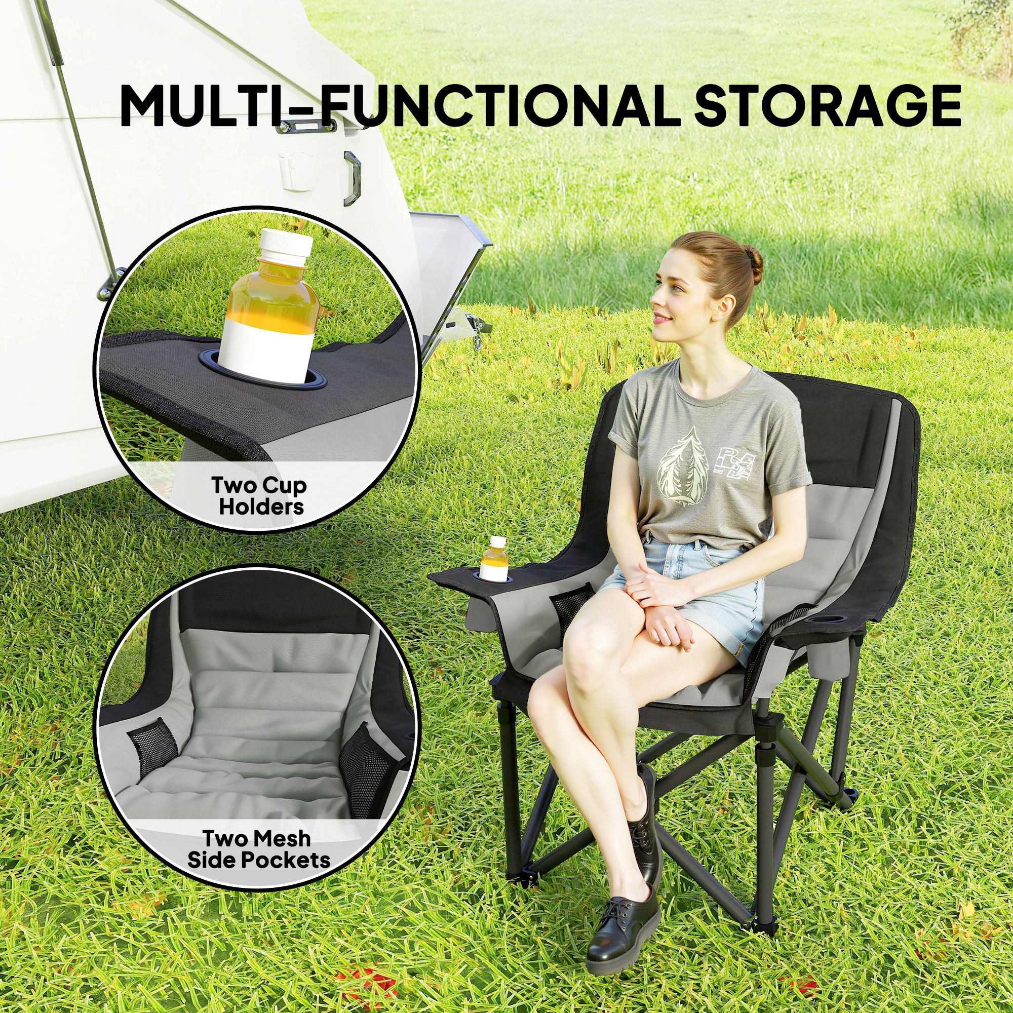 Camping Chair For Adults, Portable Folding Camping Chair With Side Pockets, Cup Holders, Carry Bag, Black And Gray - Image 6