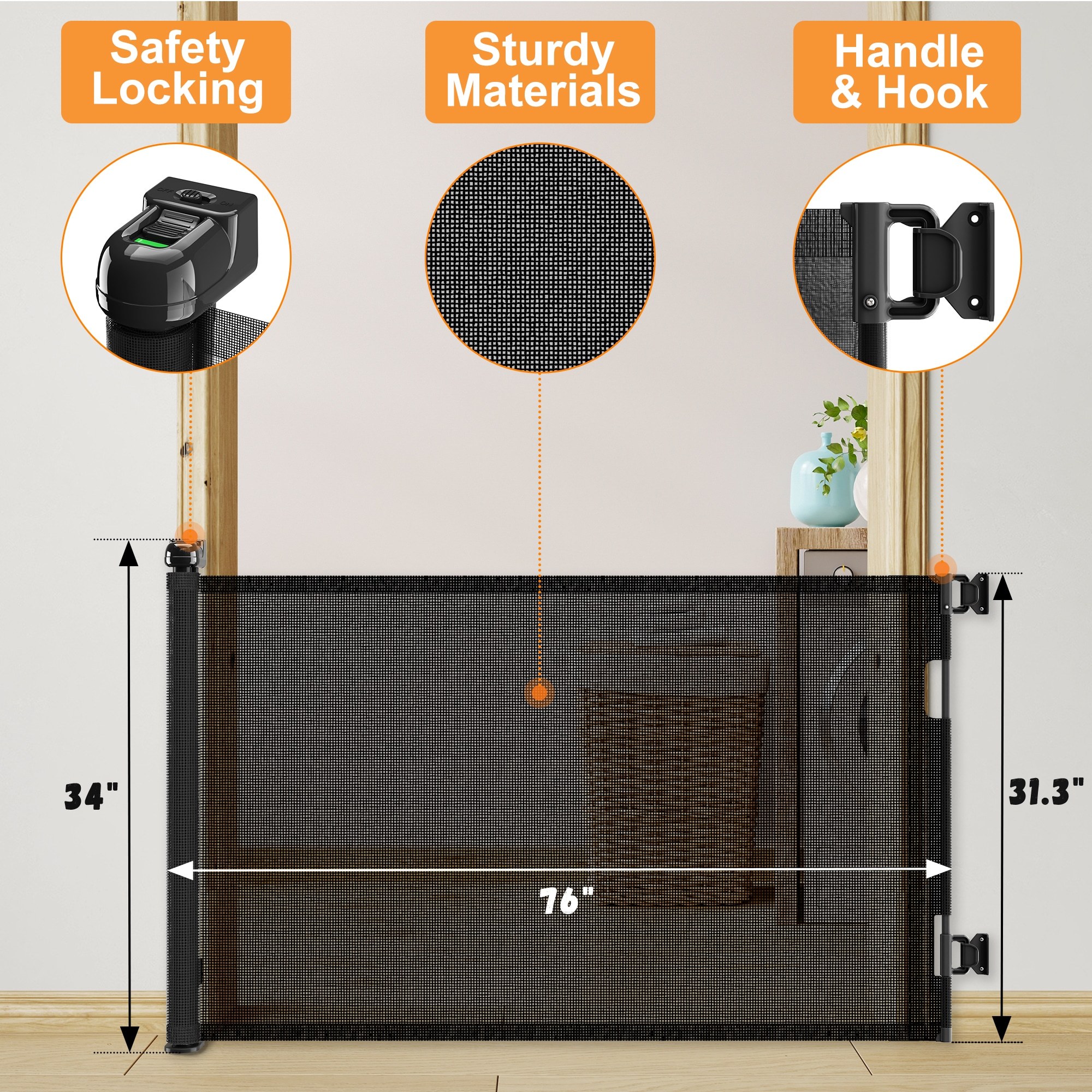 Retractable Baby Gate, Mesh Dog Gate For Doorways, Extends Up To 76 Wide, 33 Tall Child Safety Gate For Doorways, Indoor & Outdoors, Stairs, Hallways, Black Non-EBAY Certified Warehouse - Image 5