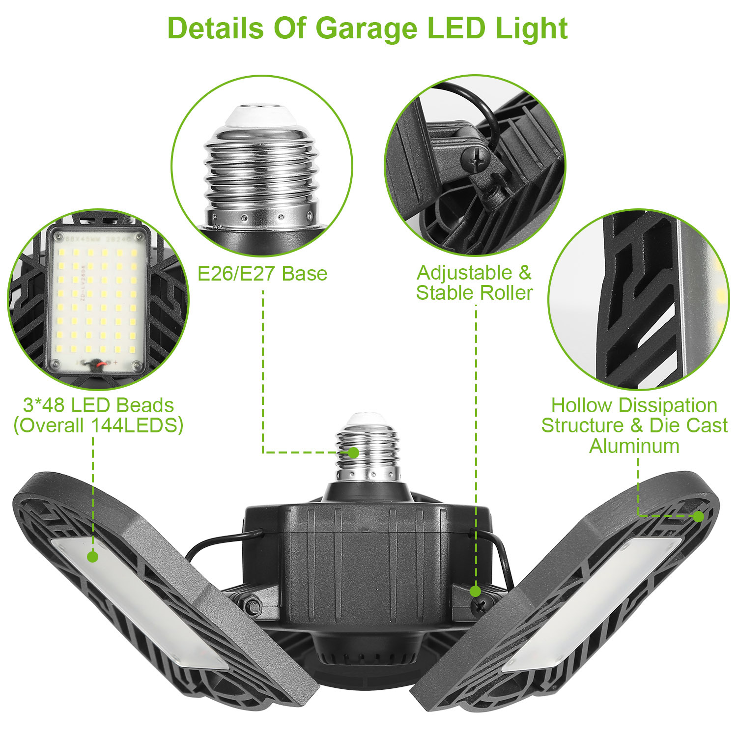 LED Garage Light E26 E27 80W 7000LM 6500K Garage Ceiling Light Deformable Workshop Lamp Die Cast Aluminum LED Ceiling Light Bulbs With 3 Adjustable Panels For Barn Shop Warehouse Workshop C - Image 5