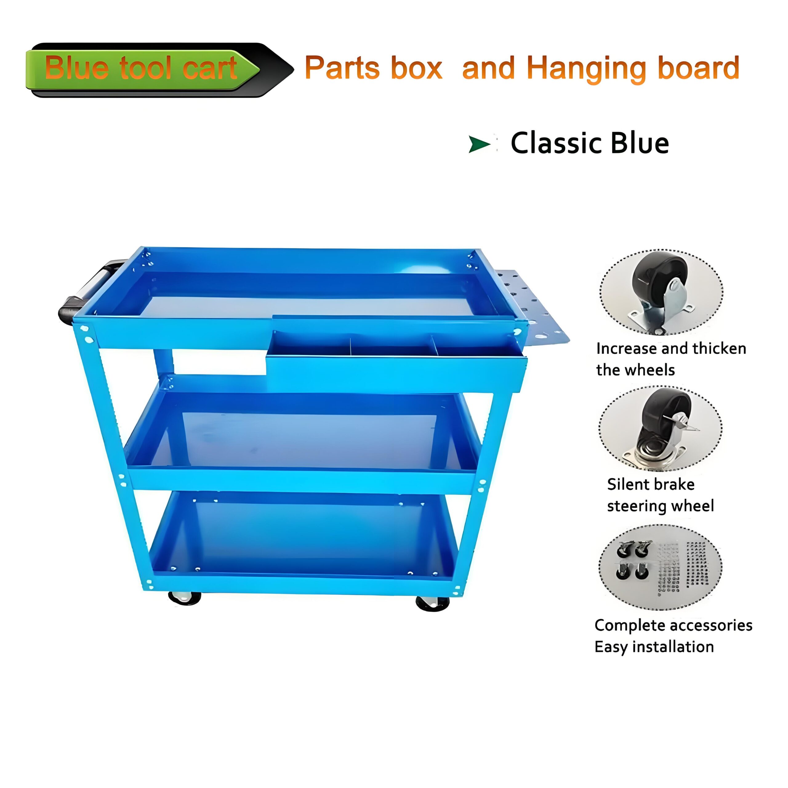 Upgrade 3-Tier Rolling Tool Cart With Lockable Wheels, Heavy Duty Steel Utility Cart, Kitchen Cart Organizer, Workshop Rolling Serving Cart For Garage, Warehouse, Blue - Image 5