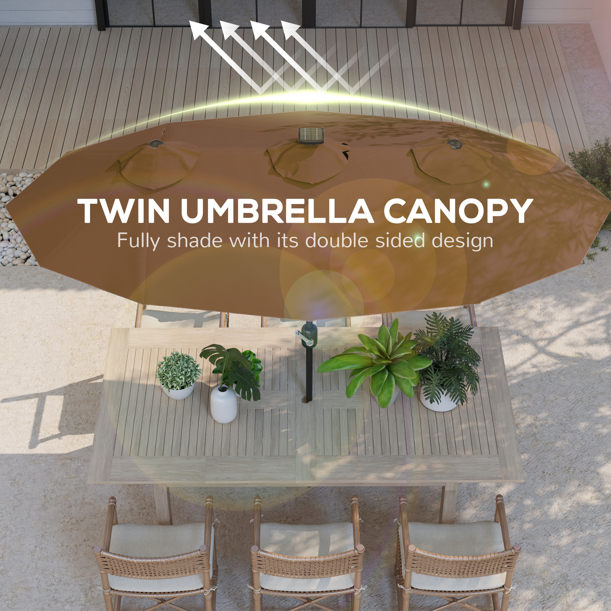 Double-sided Patio Umbrella, 9.7 Ft. Outdoor Umbrella With 45-Degree Tilt And Crank, LED Solar Light And 12 Ribs, Coffee - Image 3
