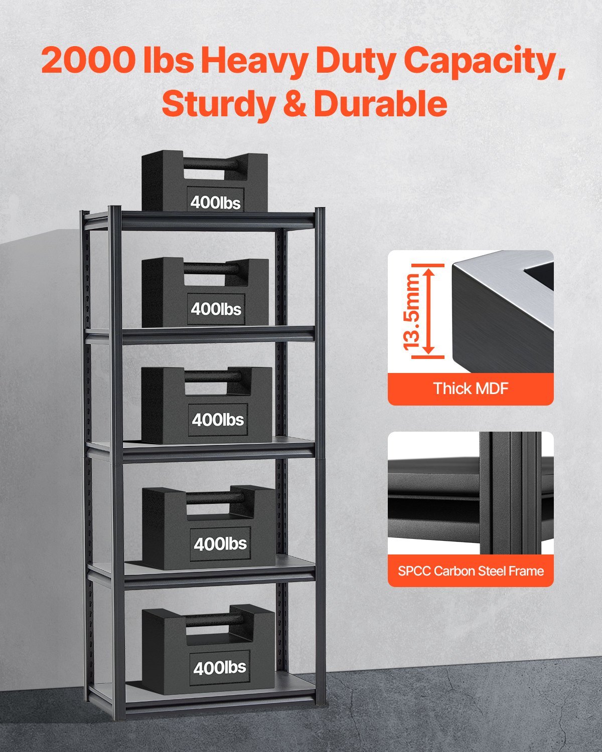 Storage Shelves, 2000 Lbs, 5 Tier Garage Storage Shelving, 16" D X 32" W X 72" H Adjustable Metal Shelves For Garage Shelves Utility Rack Shelf, Ideal For Kitchen, Warehouse, Basement, Black - Image 5