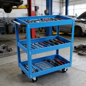 Tool Cart On Wheels, 3 Tier Rolling Mechanic Tool Cart, Heavy Duty Steel Utility Cart W Lockable Wheels, 450 LBS Capacity Industrial Service Cart For Garage, Warehouse, Workshop Blue