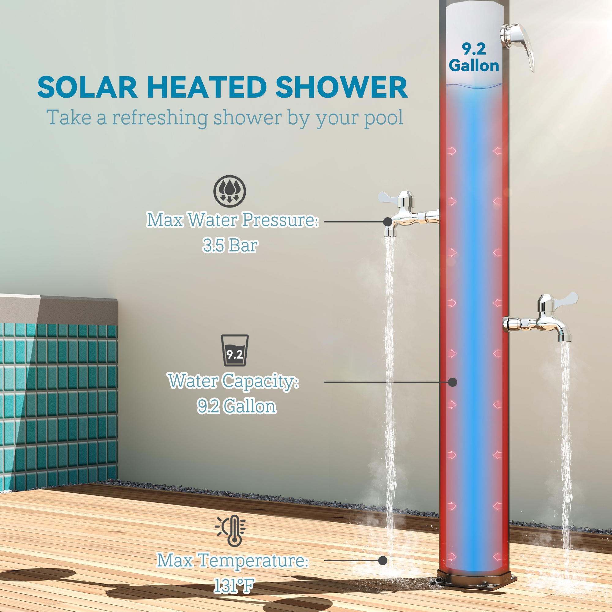 9.2 Gallon Slolar Heated Outdoor Shower With 2 Free-Rotating Shower Heads And Foot Showers For Poolside Beach Spa, 7.1ft - Image 4