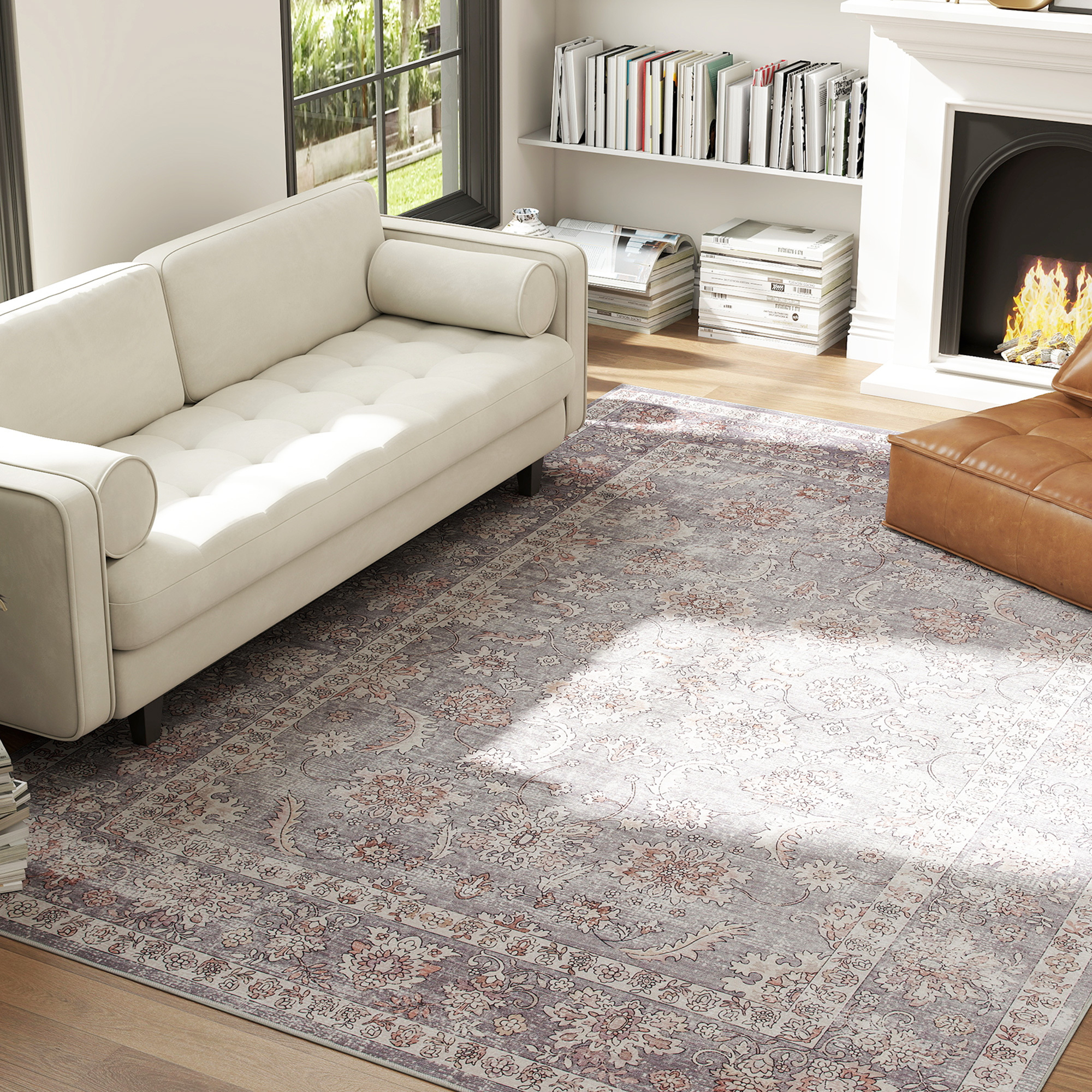 Machine Washable Area Rug 8x10, Non-Slip Traditional Flower Print Floor Carpet For Living Room, Bedroom, Grey And Brown - Image 5