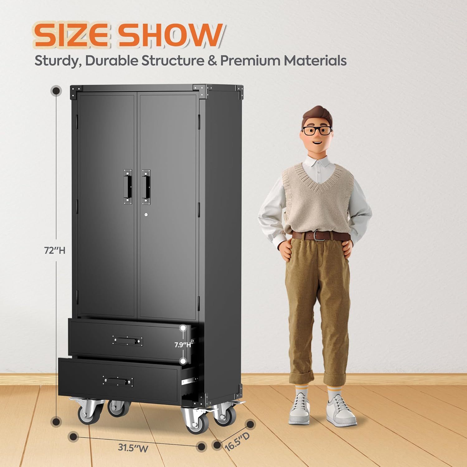 Rolling Storage Cabinet With 2 Doors And 2 Drawers, Metal Storage Cabinet With Doors And Shelves, Locking Steel Cabinet For Warehouse, Home, Office Black - Image 2