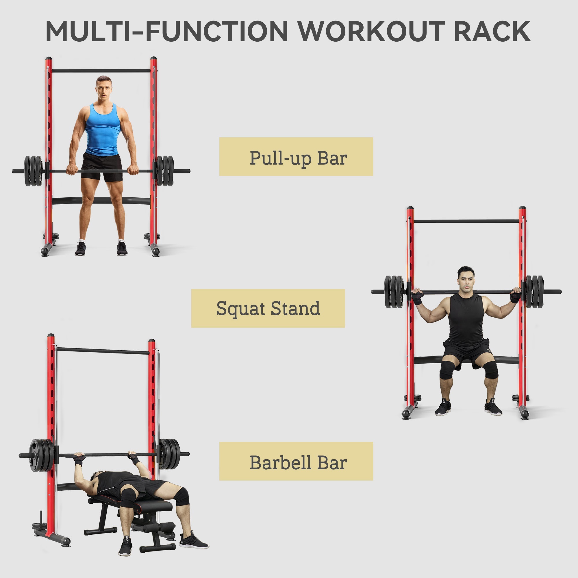 Squat Rack With Pull Up Bar And Barbell Bar Adjustable Bench Press Multi-Function Weight Lifting Half Rack, Red - Image 5
