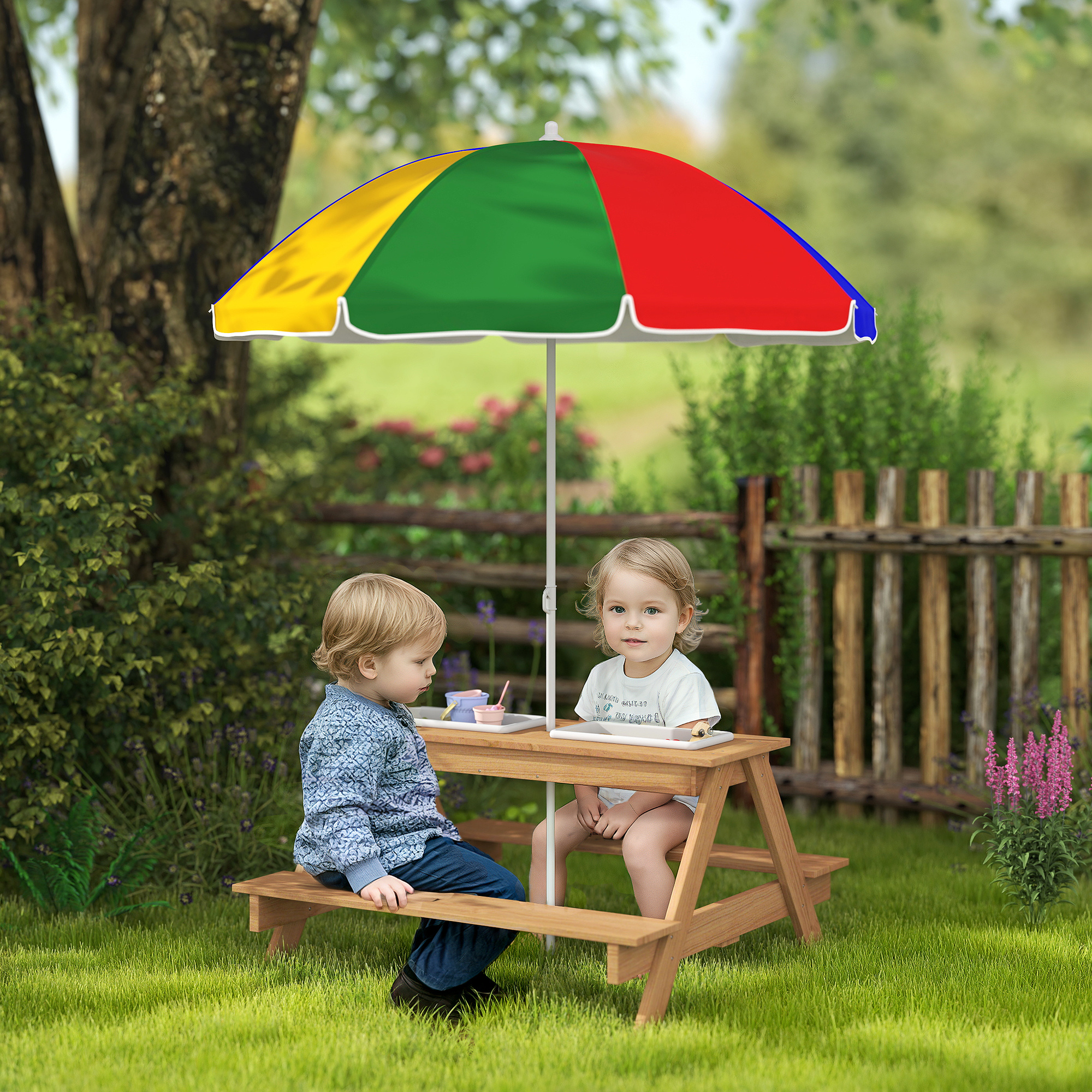 Wooden Outdoor Kids Picnic Table With Removable Umbrella, Children Sand And Water Activity Table For Patio, Mixed Color - Image 6