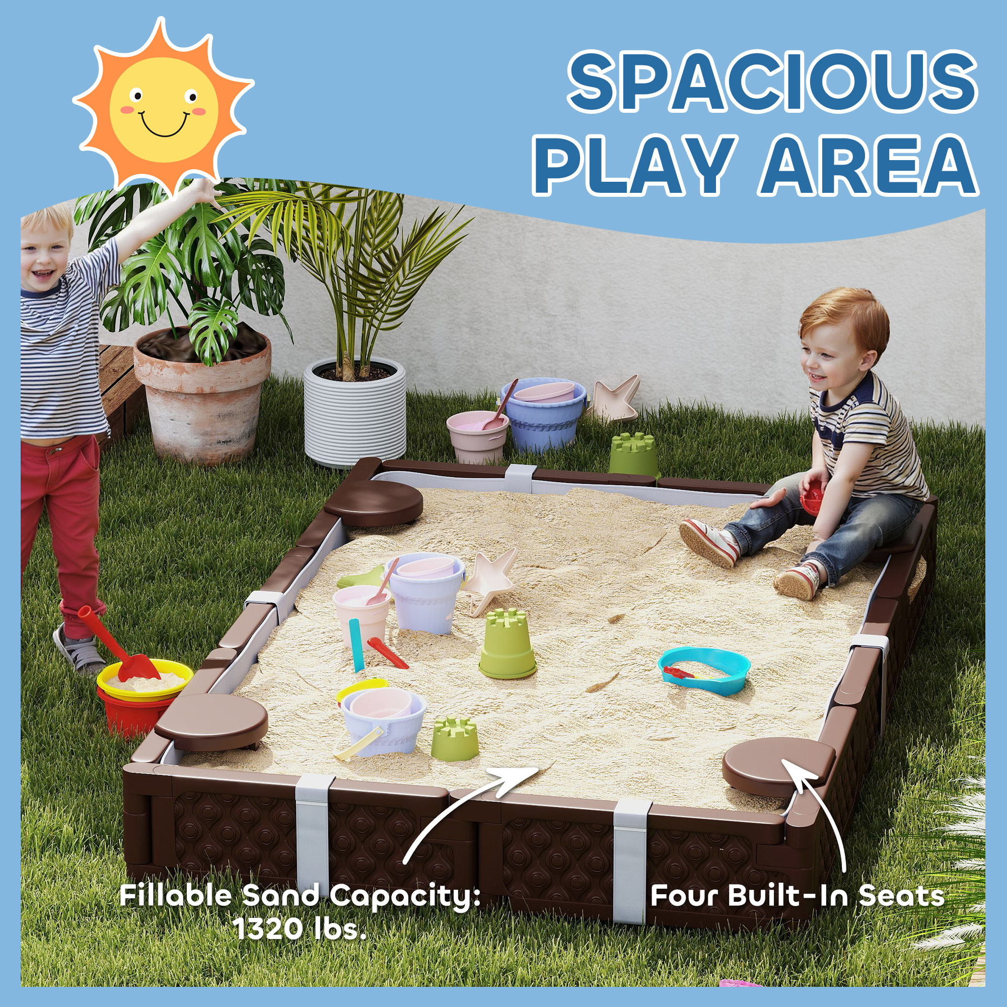 Kids Sandbox With Cover, 4 Corner Seats, Bottom Liner For Backyard, Garden, Outdoor, 73 X 47 X 9, Dark Brown - Image 4