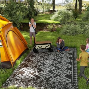 Reversible Outdoor Rug, Waterproof Plastic Straw With Carry Bag, 9 X 18, Black & Gray Rhombus Border