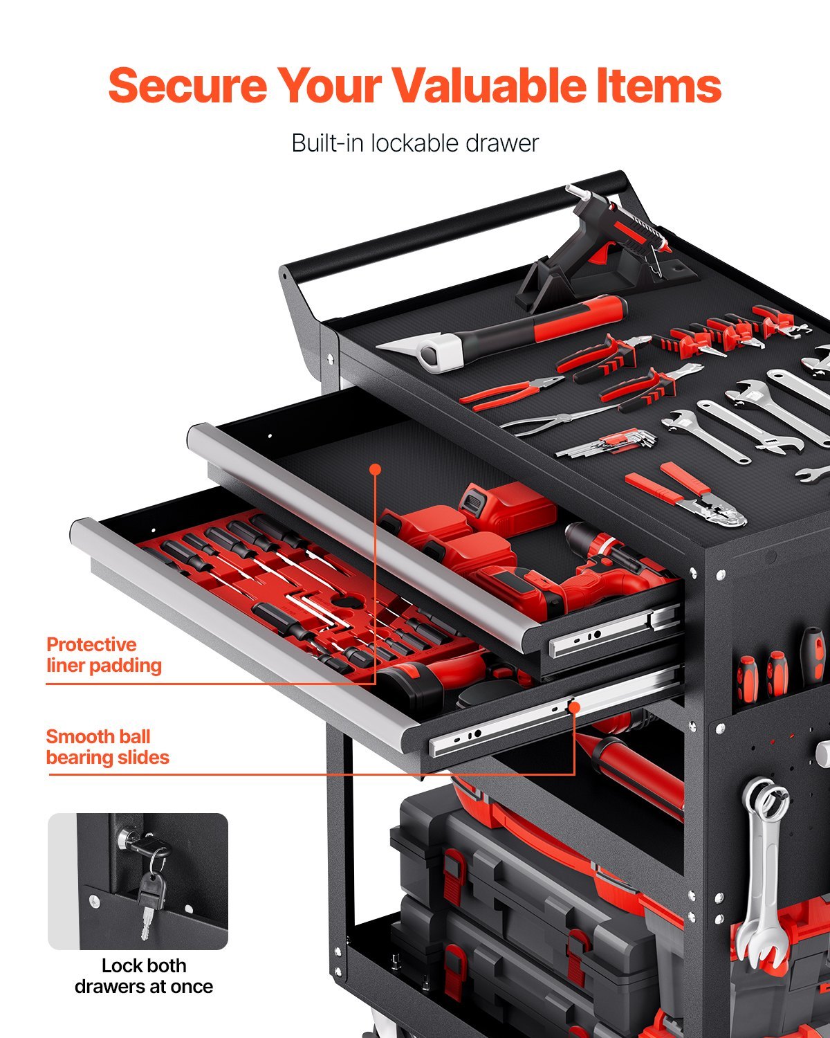 5-Tier Tool Cart With Wheels, 400 Lbs Load Capacity, Rolling Work Cart With 2 Drawers & Pegboard, Mechanic Tool Storage Organizer With Locking System For Garage, Warehouse And Repair Shop, Black - Image 3